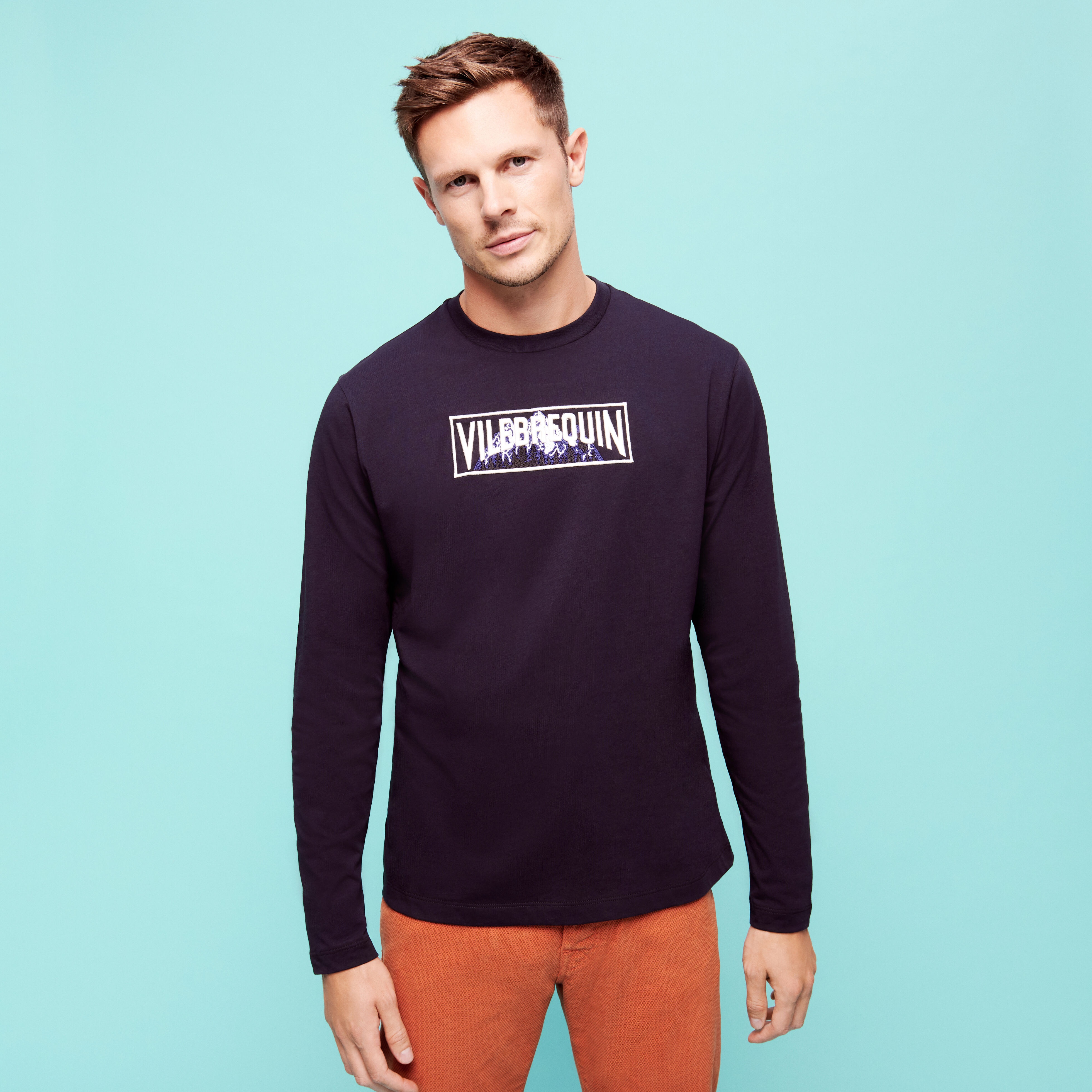 Men Long Sleeves Cotton T-Shirt Embroidered Moutain Patch - 3