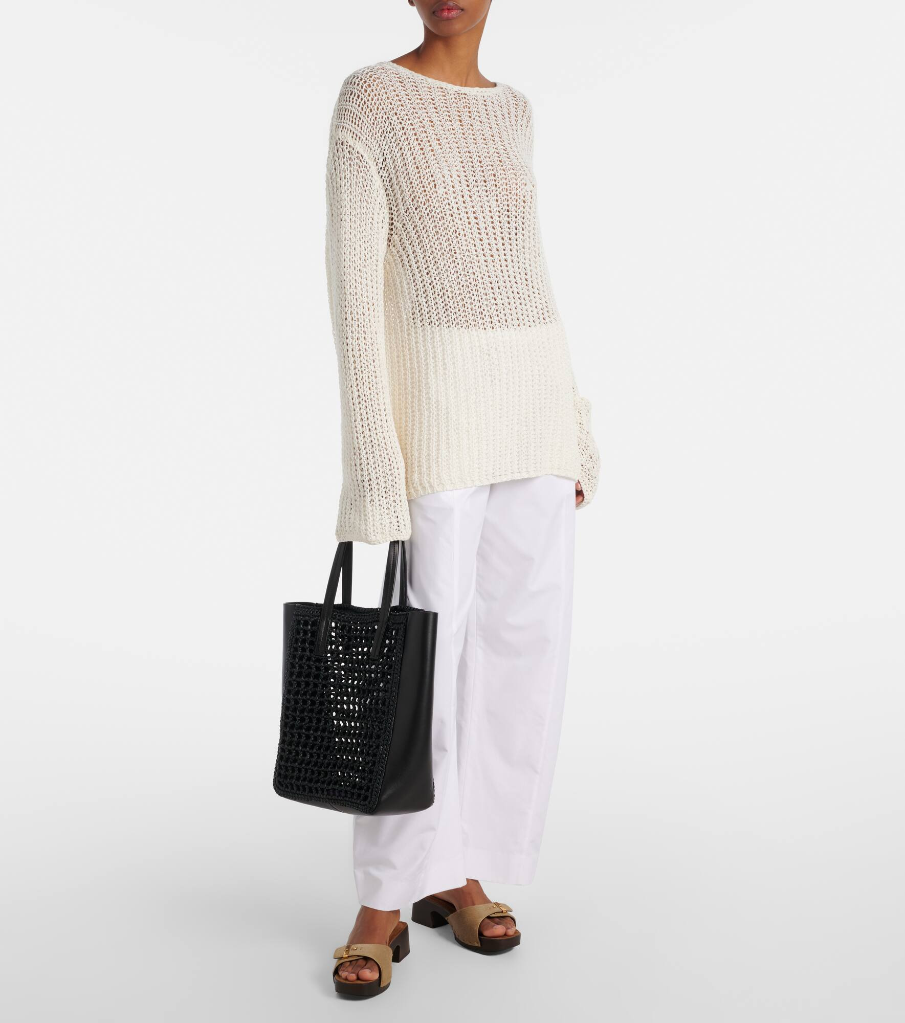 Zoe Small leather-trimmed raffia tote bag - 5