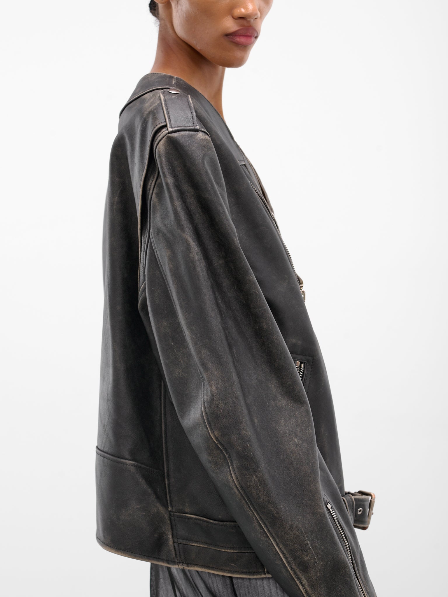 Black Worn Leather Biker Jacket - 4