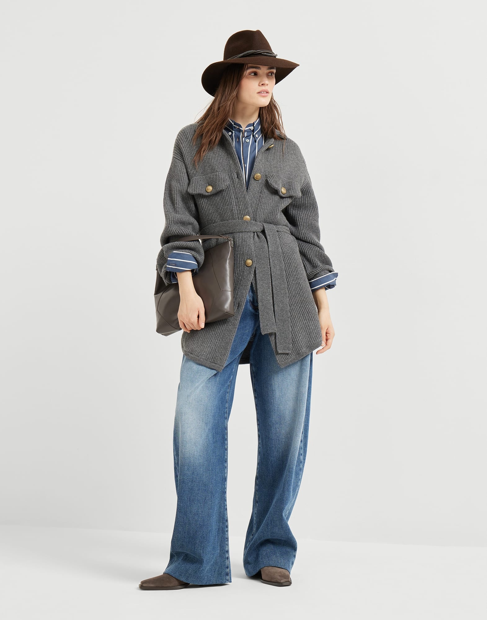 Virgin wool, cashmere and silk English rib belted cardigan with metal buttons - 5