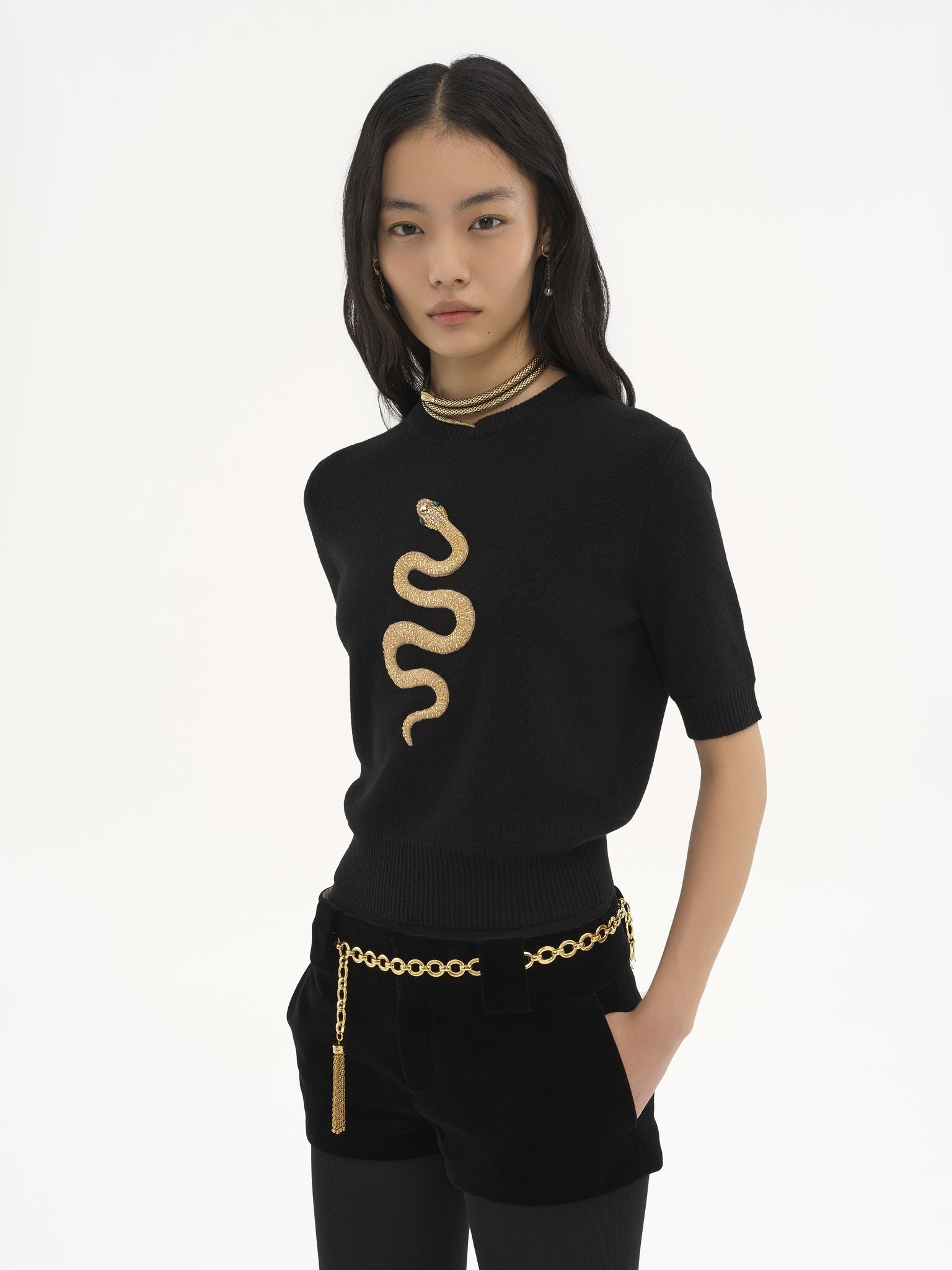 EMBROIDERED SHORT-SLEEVE SWEATER IN WOOL & CASHMERE KNIT - 4