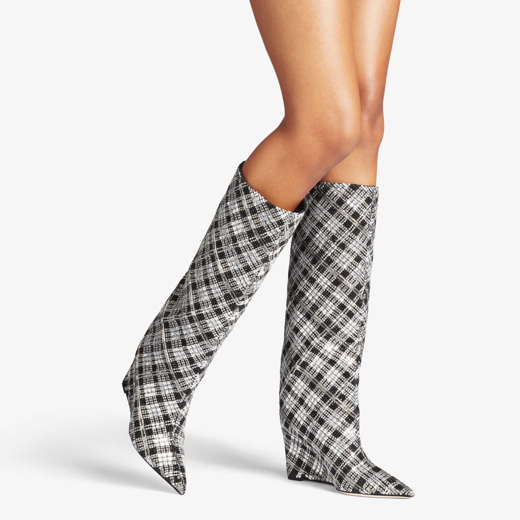 Blake Knee Boot 85
Black Satin Knee-High Boots with Beaded Tartan - 2
