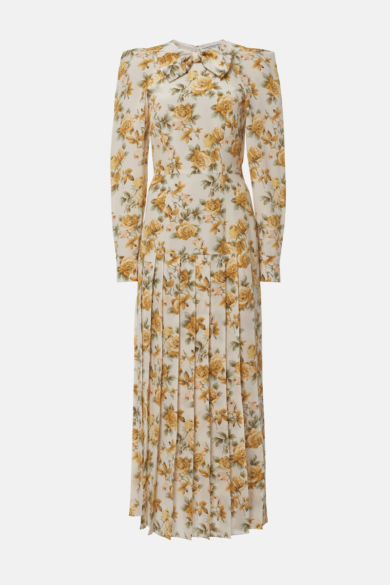 ROSE PRINT SILK PLEATED DRESS WITH BOW 1