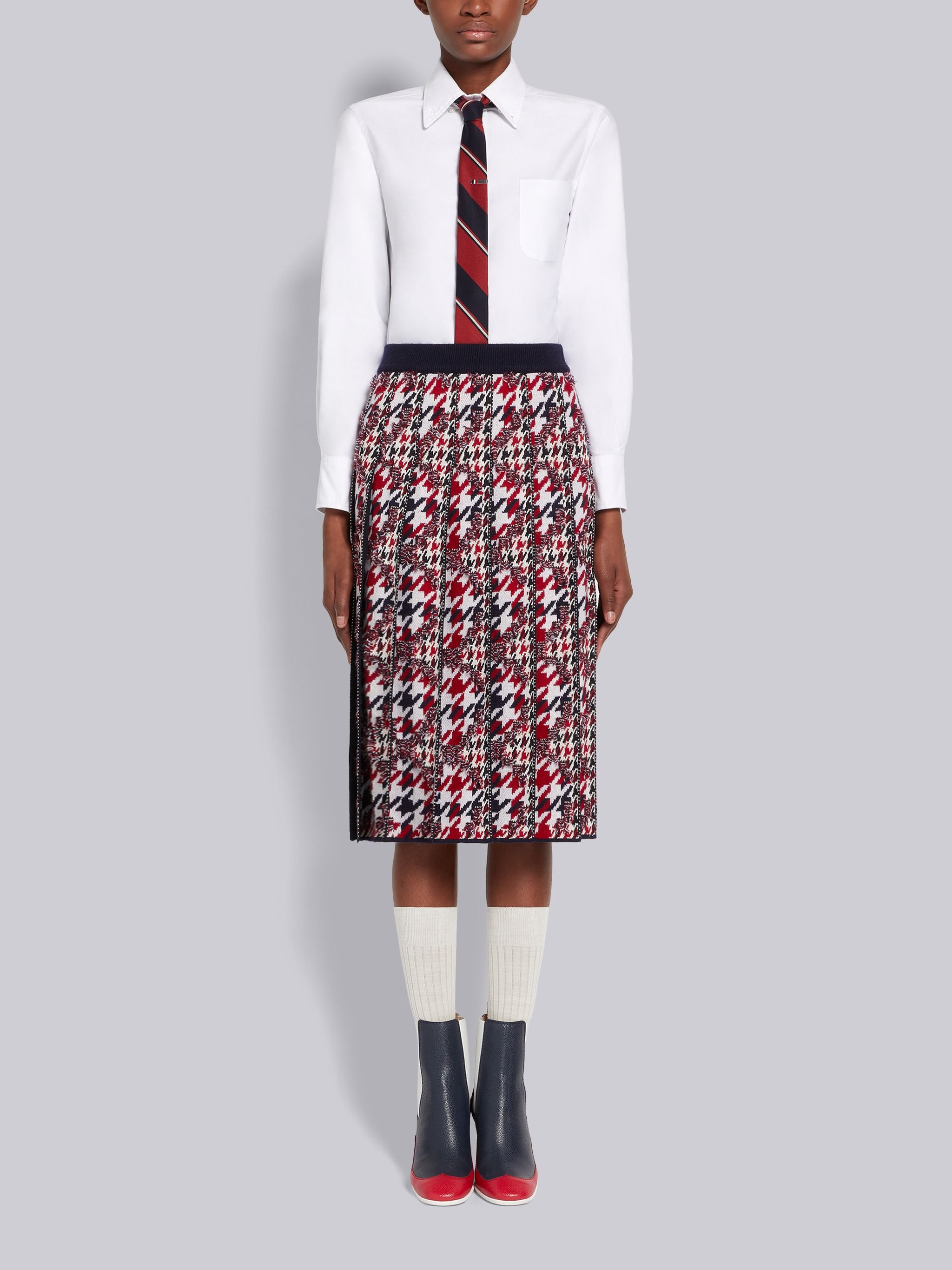 Multicolor Frayed Houndstooth Wool Cotton Jacquard Pleated Below-the-Knee Skirt - 4