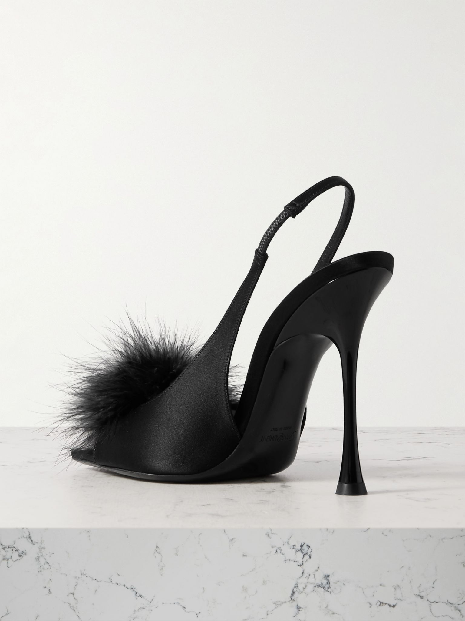 Paradis feather-trimmed satin slingback sandals Black - 3