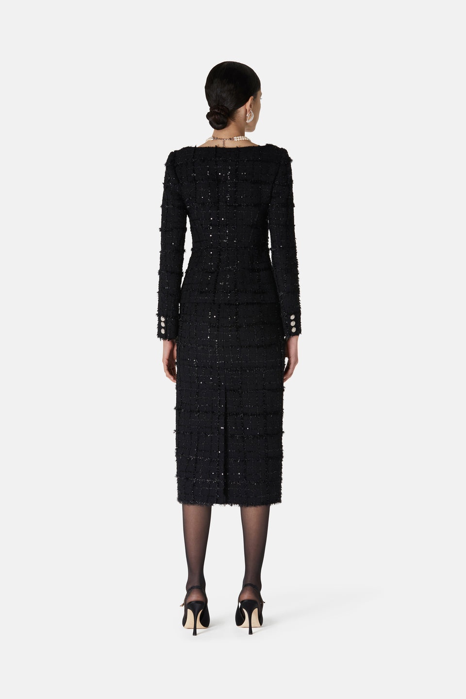 SEQUIN CHECKED TWEED ROUND NECK JACKET - 5