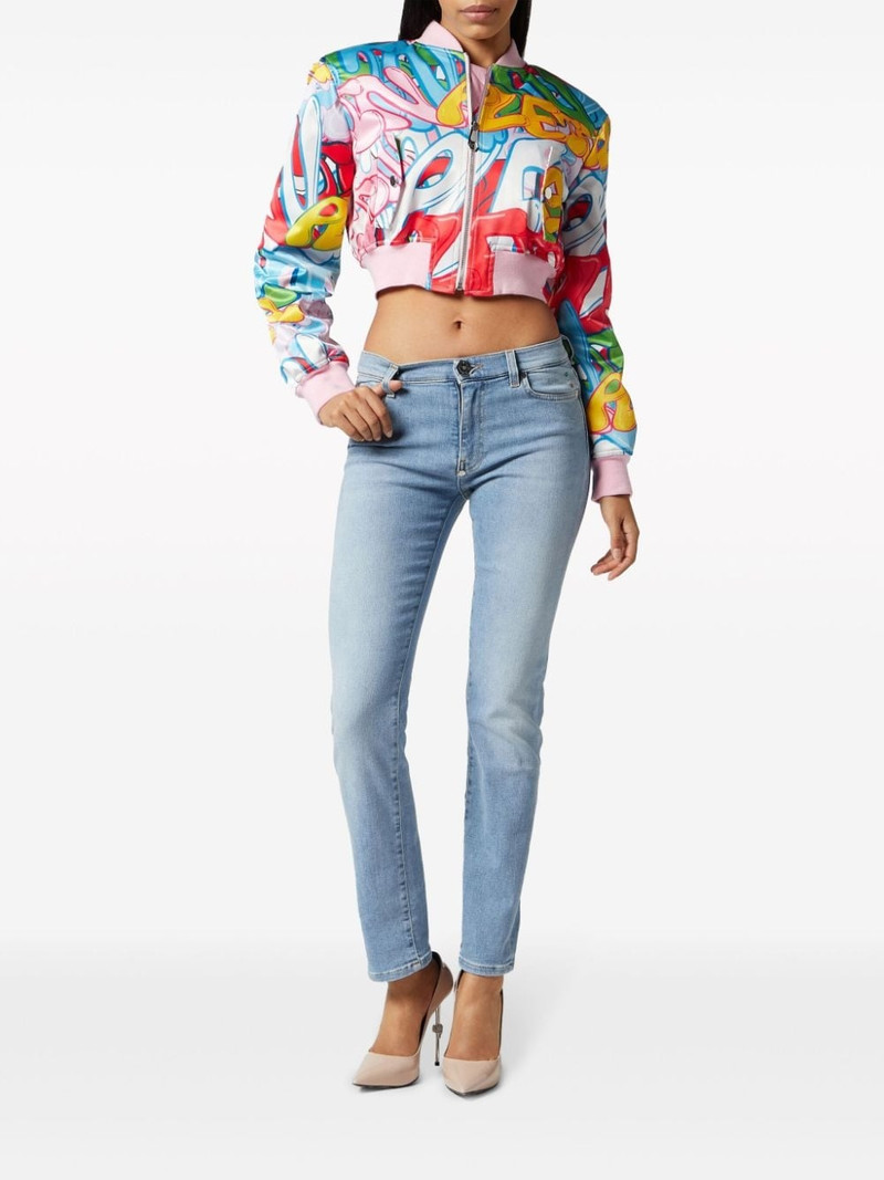 PHILIPP PLEIN graffiti-logo cropped satin bomber jacket outlook