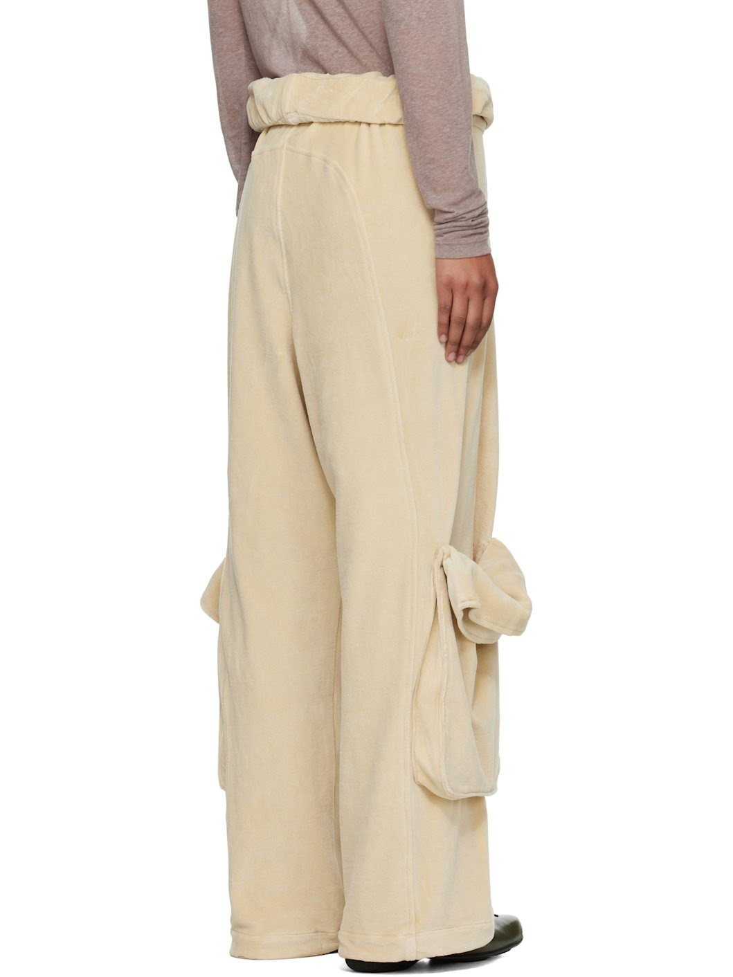 Beige Rolled Waist Velour Cargo Pants - 3