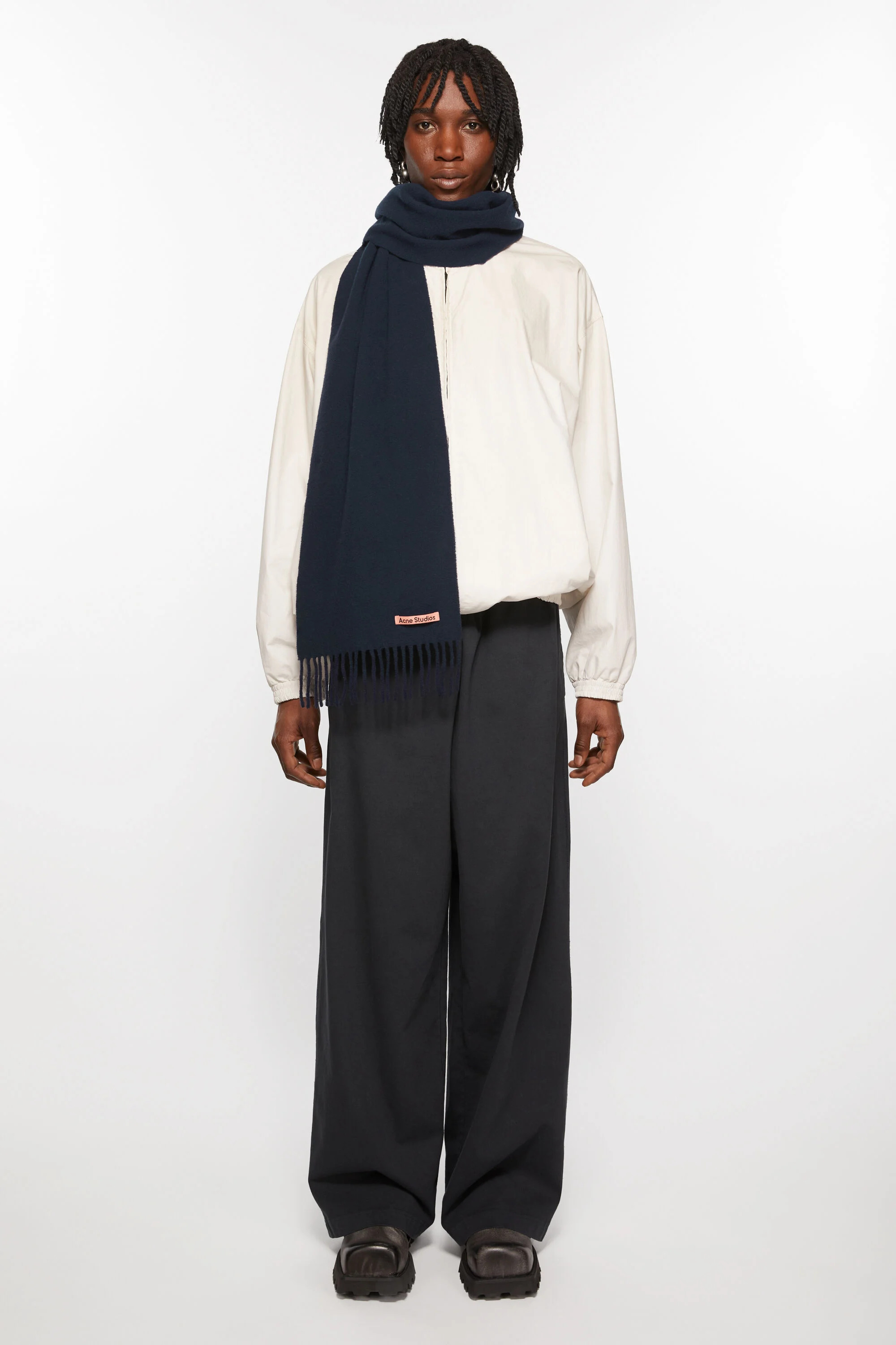 Fringe wool scarf - skinny - Navy blue - 3