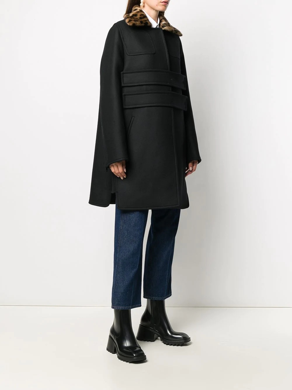 contrasting collar A-line coat - 3