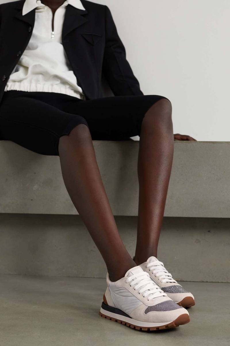 Brunello Cucinelli Bead-embellished nylon and suede sneakers outlook