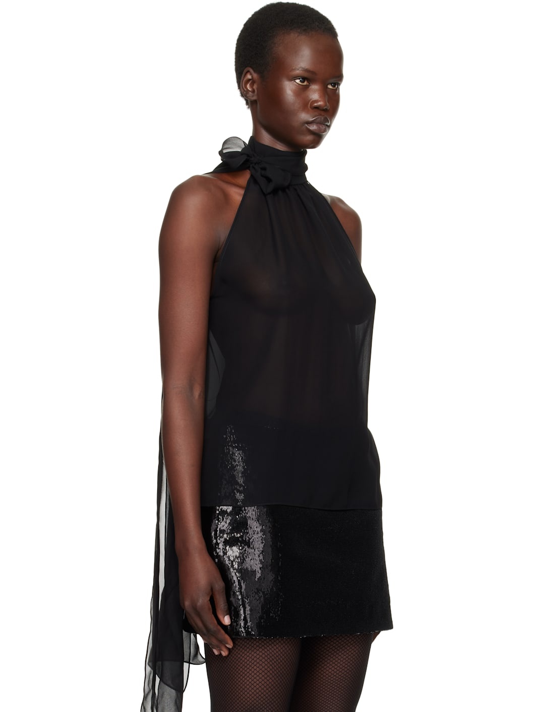 Black Silk Georgette Sleeveless Lavalliere Blouse - 2