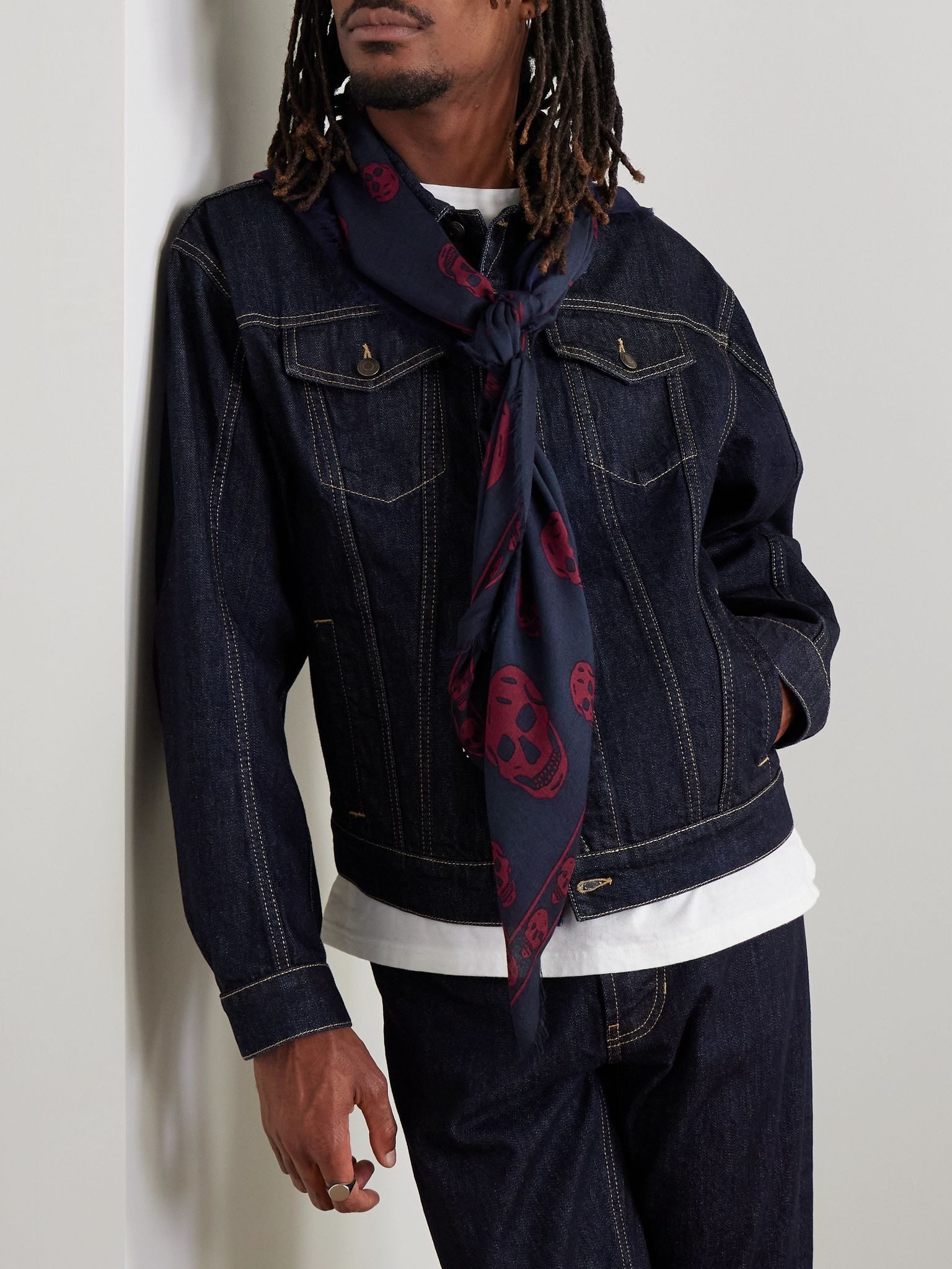 Fringed Printed Modal and Silk-Blend Scarf Navy - 2