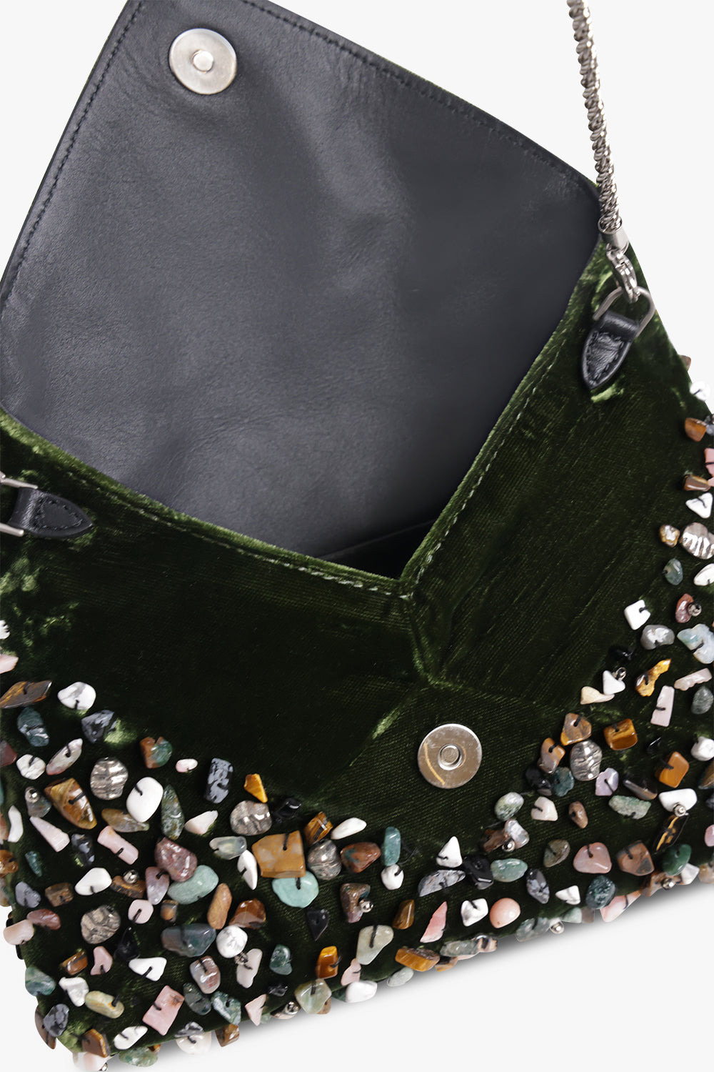 STONE EMBELLISHED SMALL ENVELOPE CLUTCH WITH DETACHABLE CHAIN | OLIVE/MULTI - 3