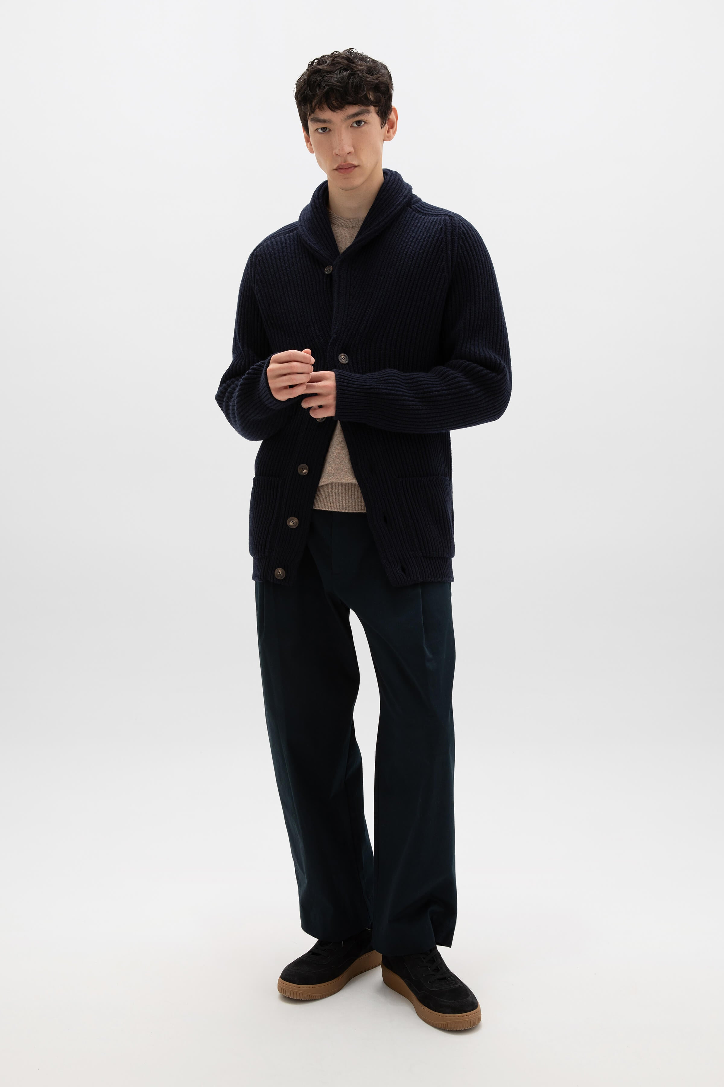 Shawl Collar Navy Cashmere Cardigan - 3