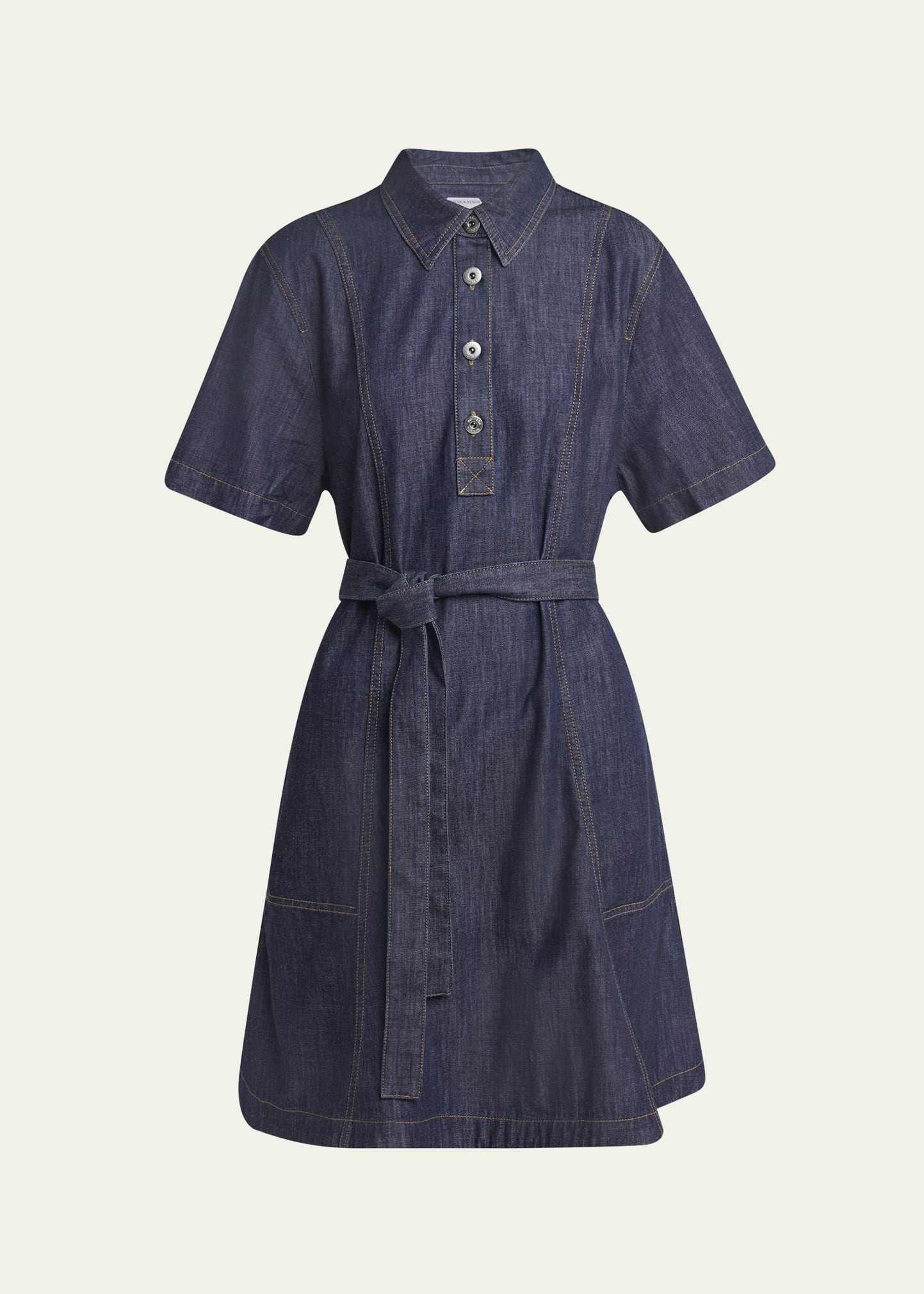 Short-Sleeve Belted Denim Shirtdress - 1