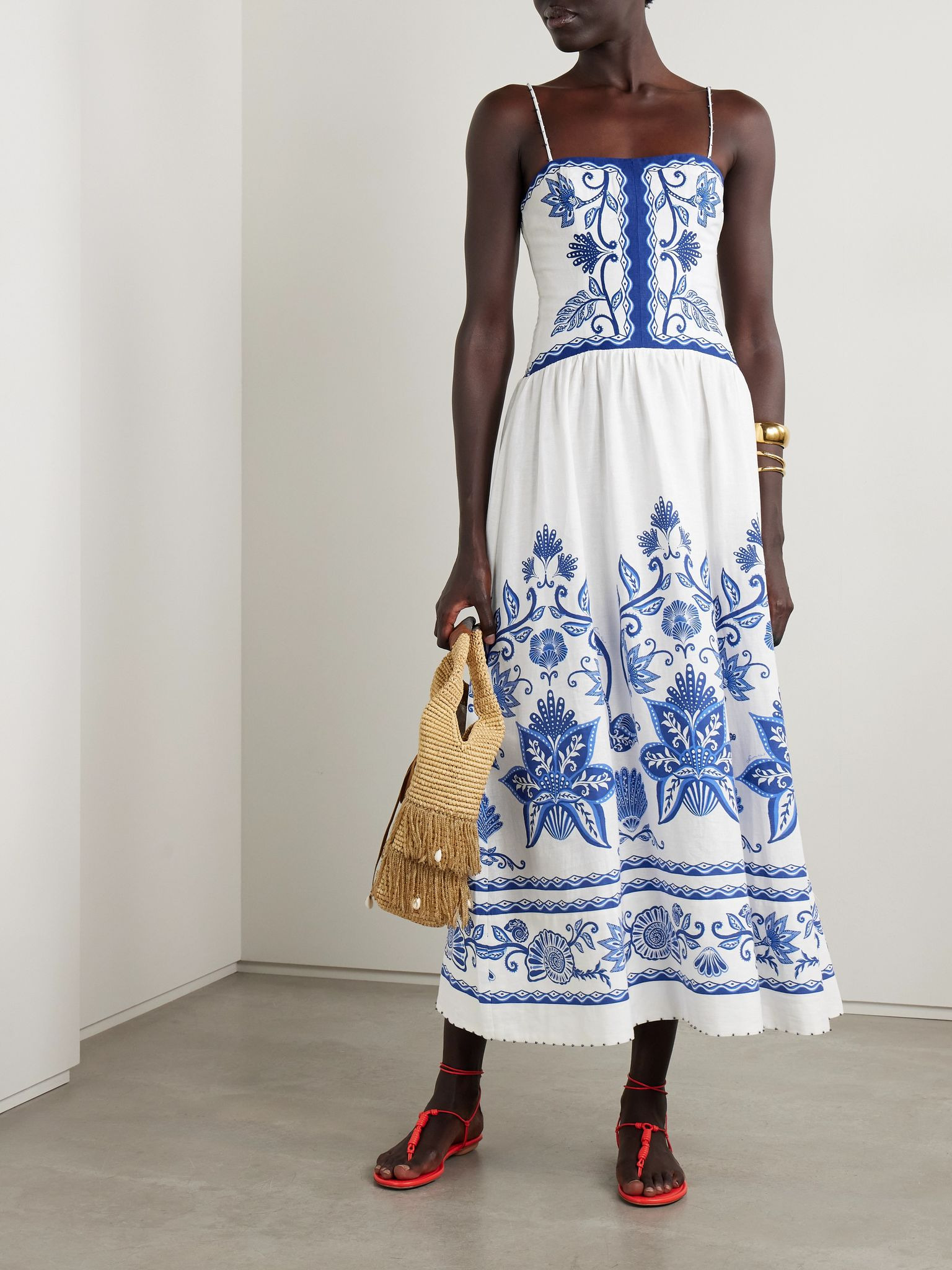 Bead-embellished printed linen-blend midi dress White - 2