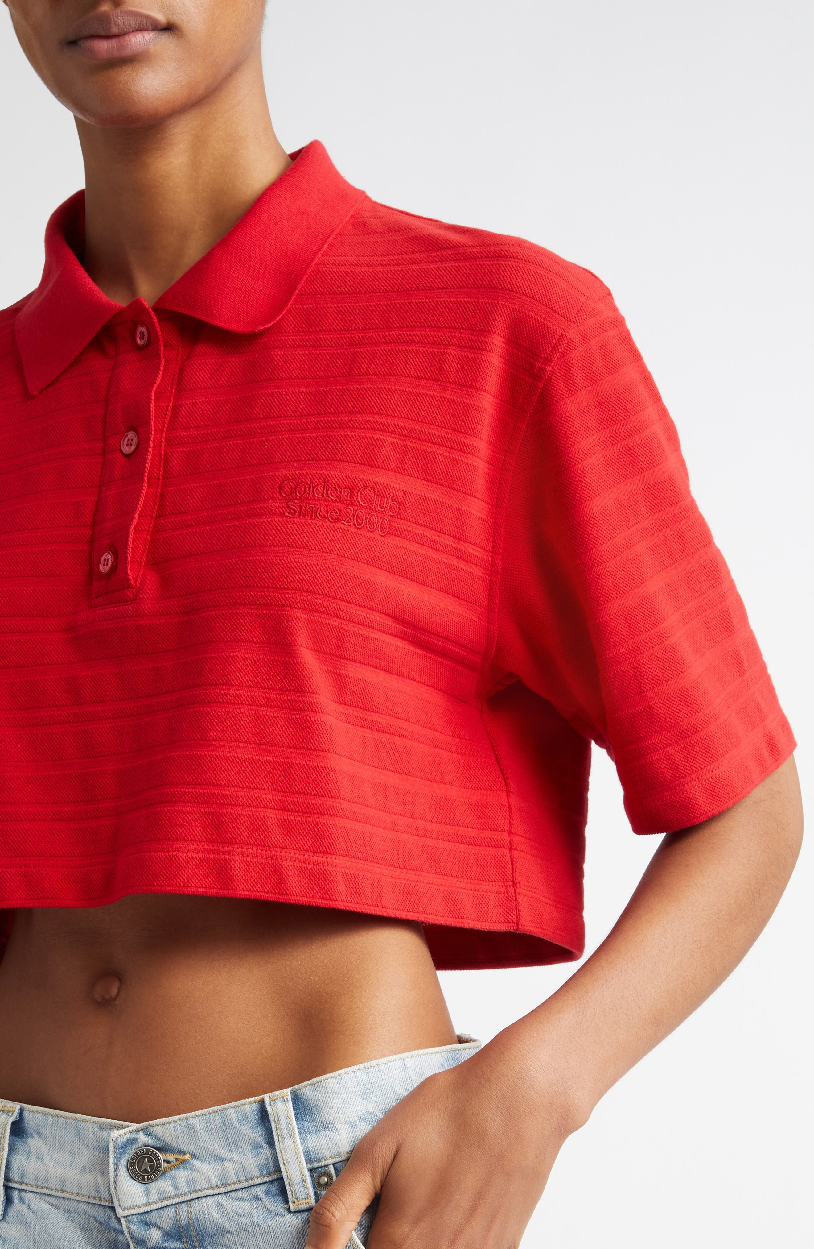 Golden Goose Textured Stripe Logo Embroidered Crop Polo in Haute Red at Nordstrom - 4