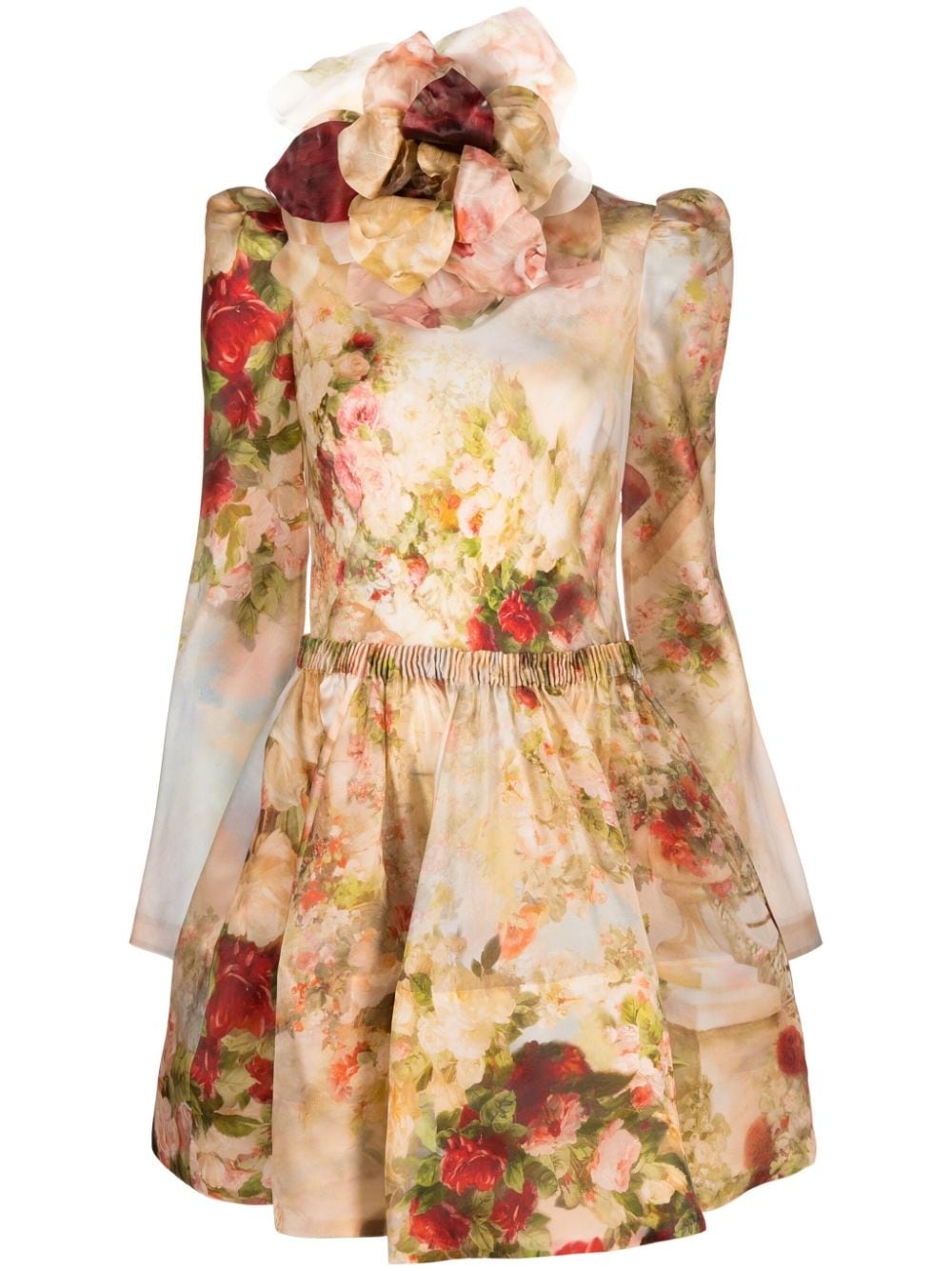 floral-appliqué silk mini dress - 1