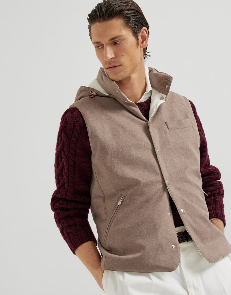 Bonded wool flannel down vest with detachable hood 1