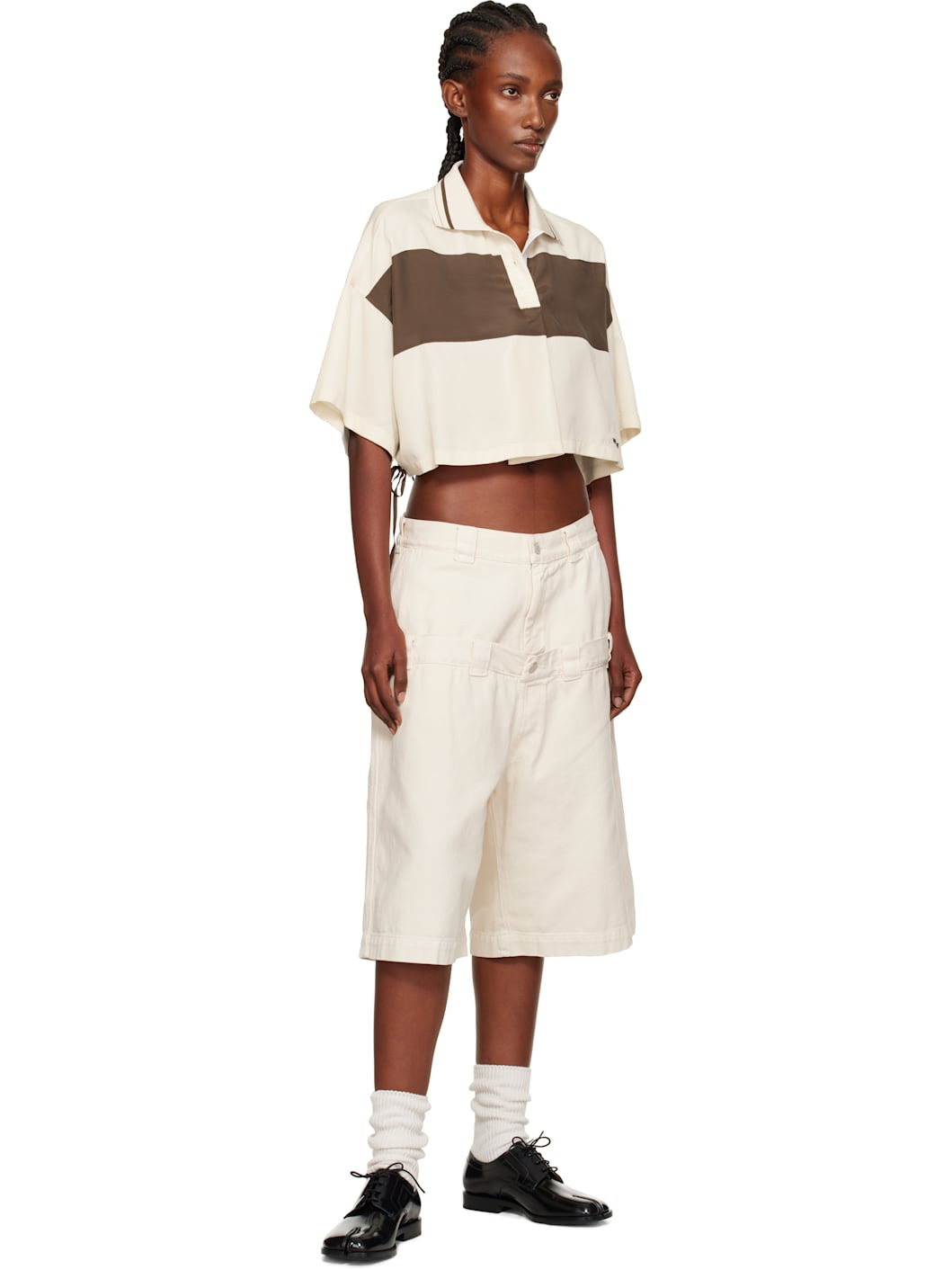 Off-White & Brown Cropped Side Ribbon Polo - 4