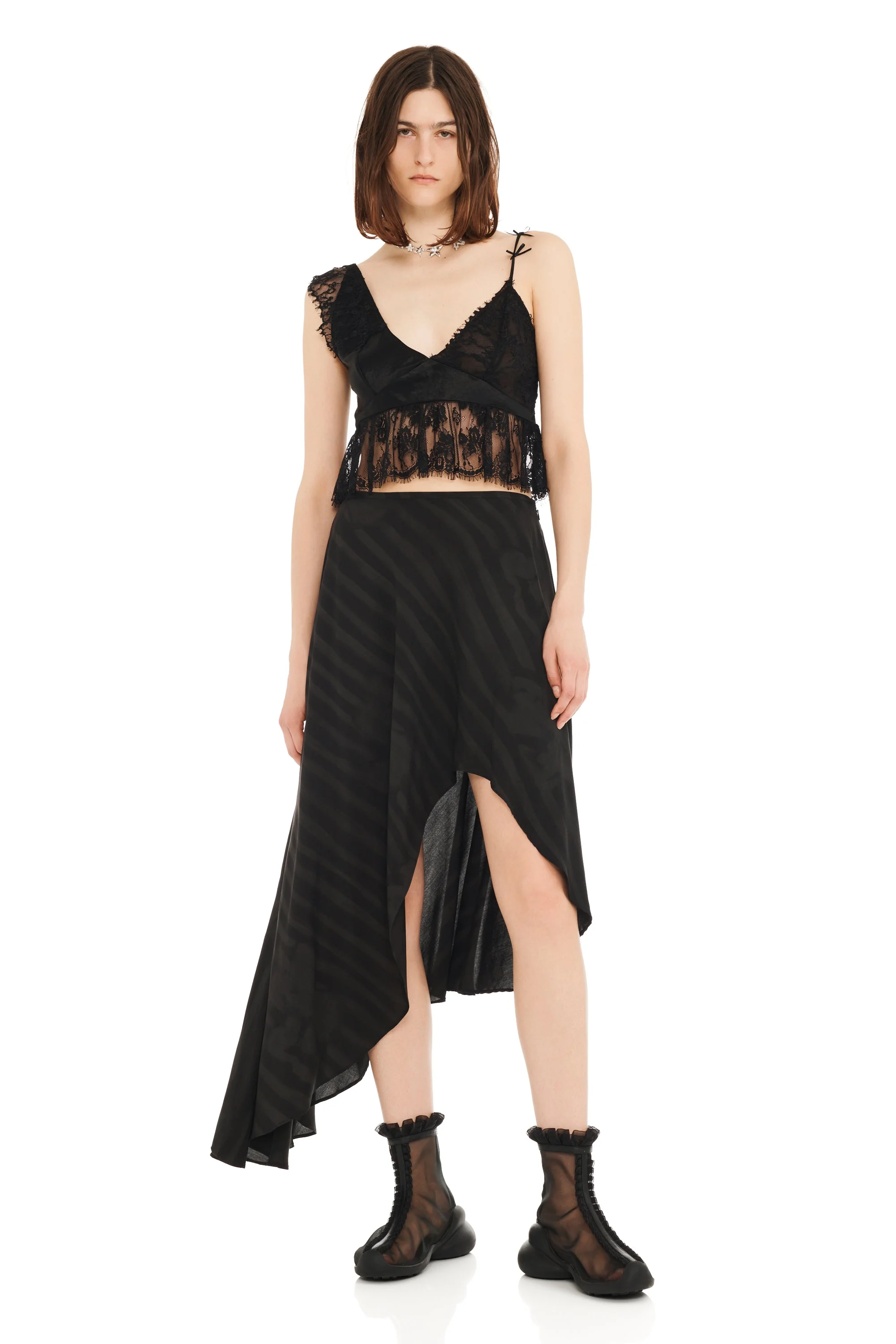 BLACK WAVY FLOWER STRIPE TULIP SKIRT - 1