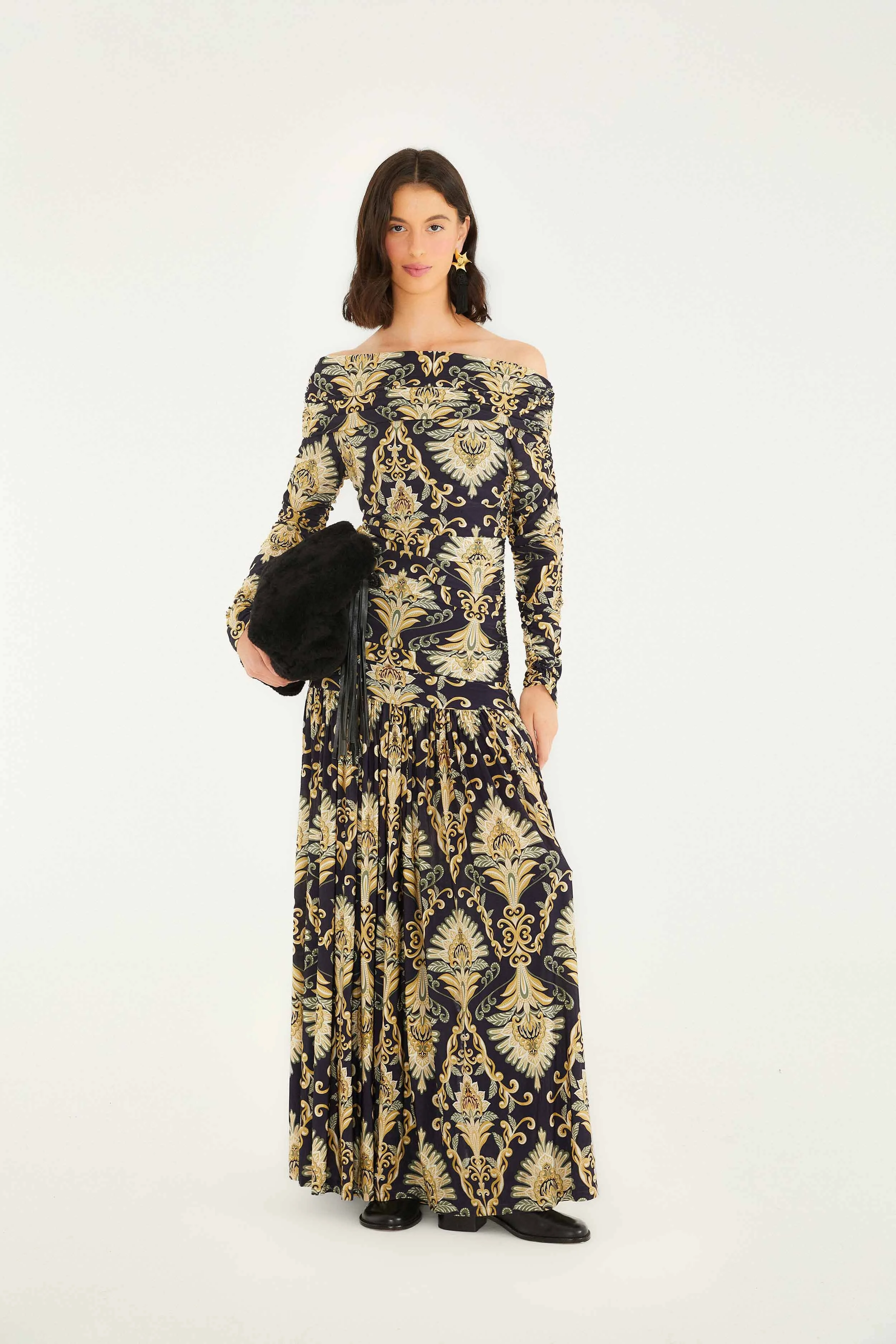 Navy Blue Wonderful Arabesque Off-Shoulder Maxi Dress - 1