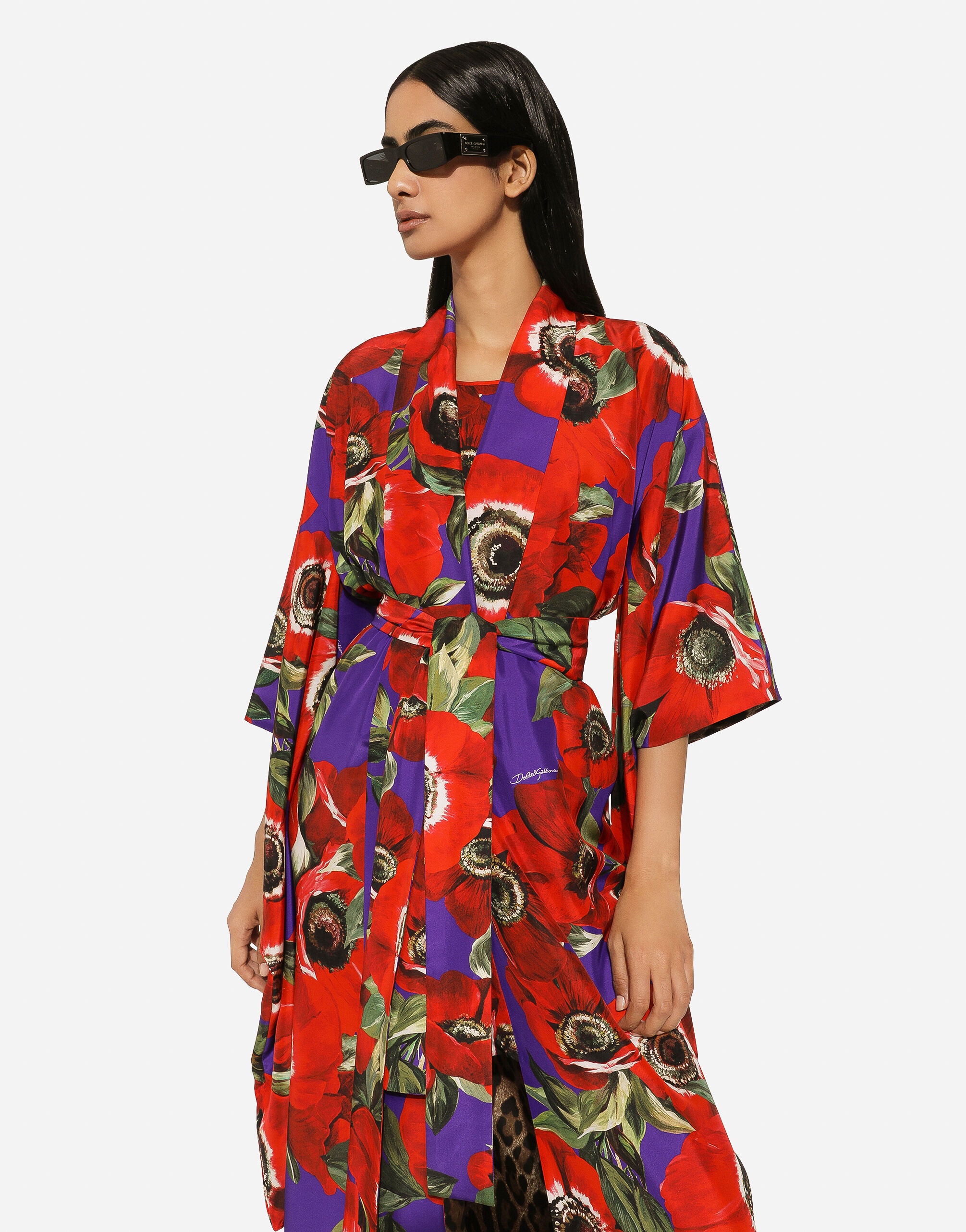 Silk kimono robe with anemone print - 4