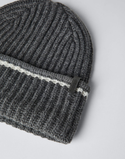 Brunello Cucinelli English rib knit beanie in cashmere feather yarn with sparkling trim and monili outlook