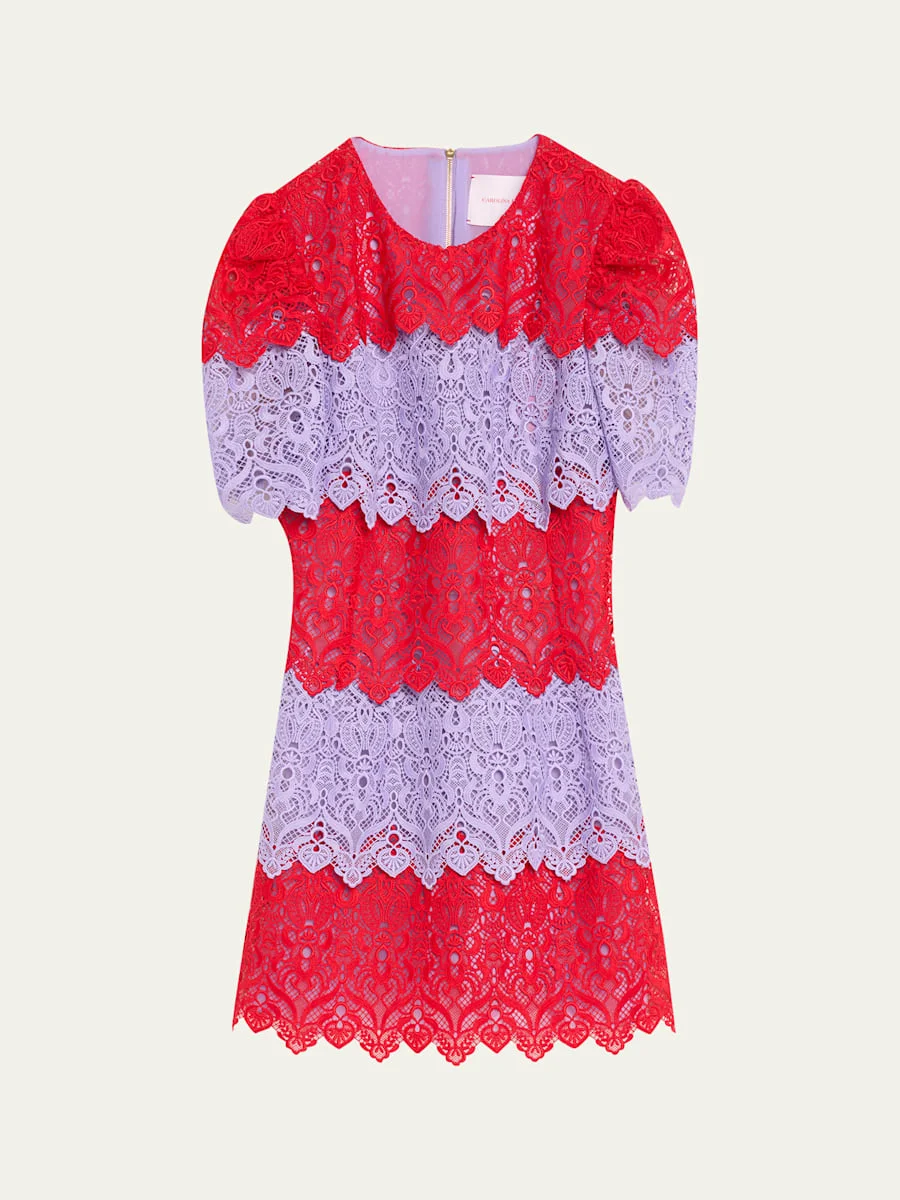 Tiered Colorblock Lace Short-Sleeve Mini Dress - 1