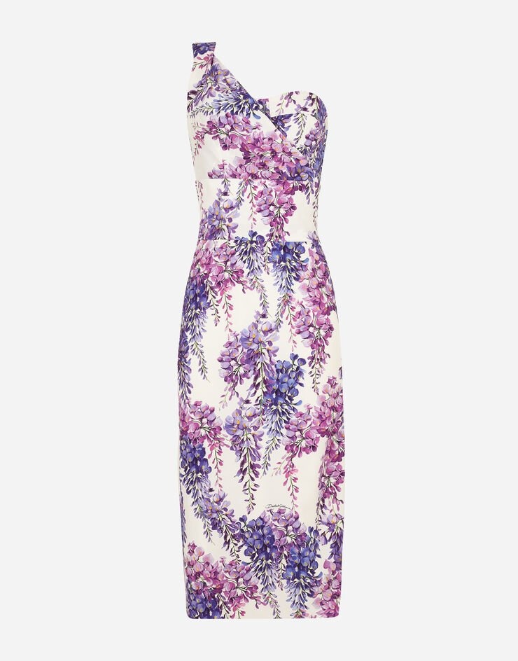 Wisteria-print one-shoulder calf-length cady dress - 3