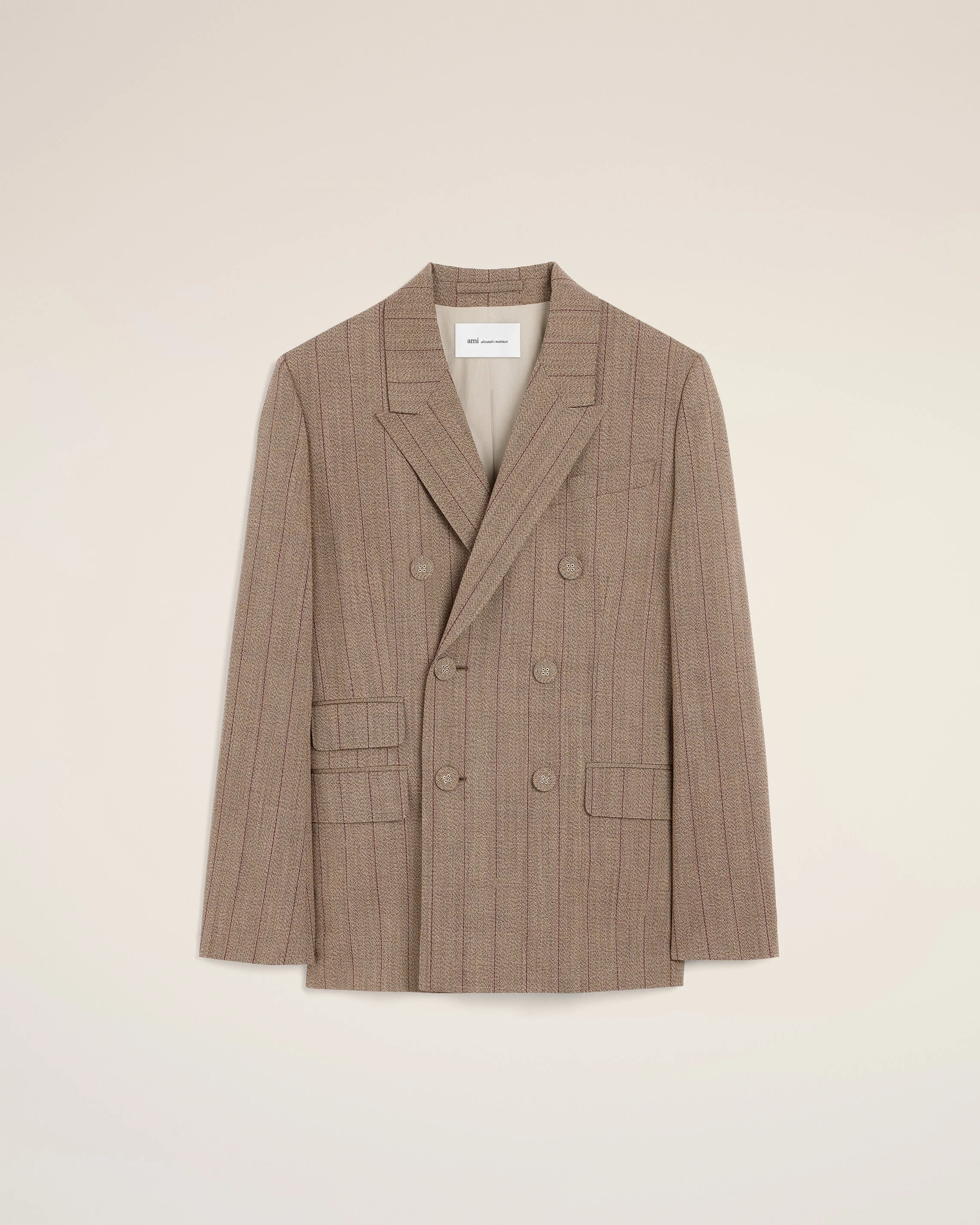BROWN DOUBLE BREASTED STRIPED WOOL BLAZER - 1
