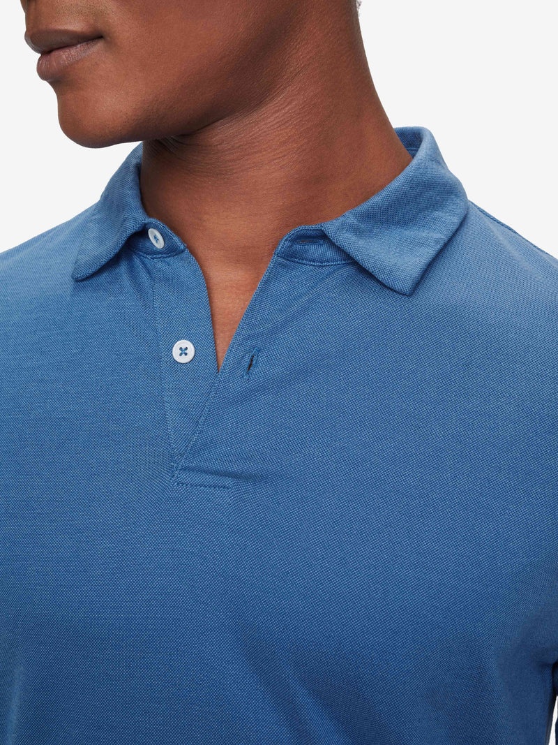 Men's Long Sleeve Polo Shirt Ramsay 3 Pique Cotton Tencel Blue - 6