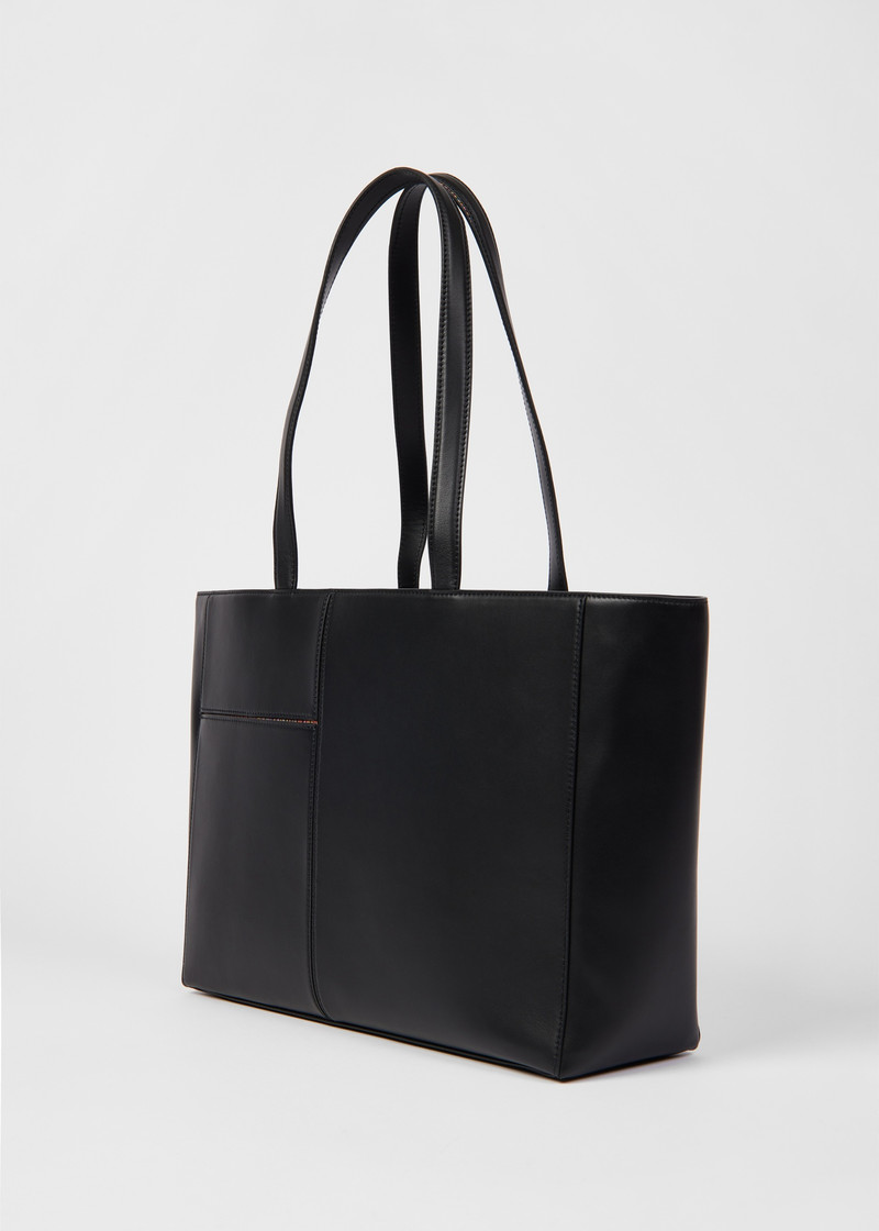 Women's Black Leather 'Signature Stripe' Trim Tote Bag 6