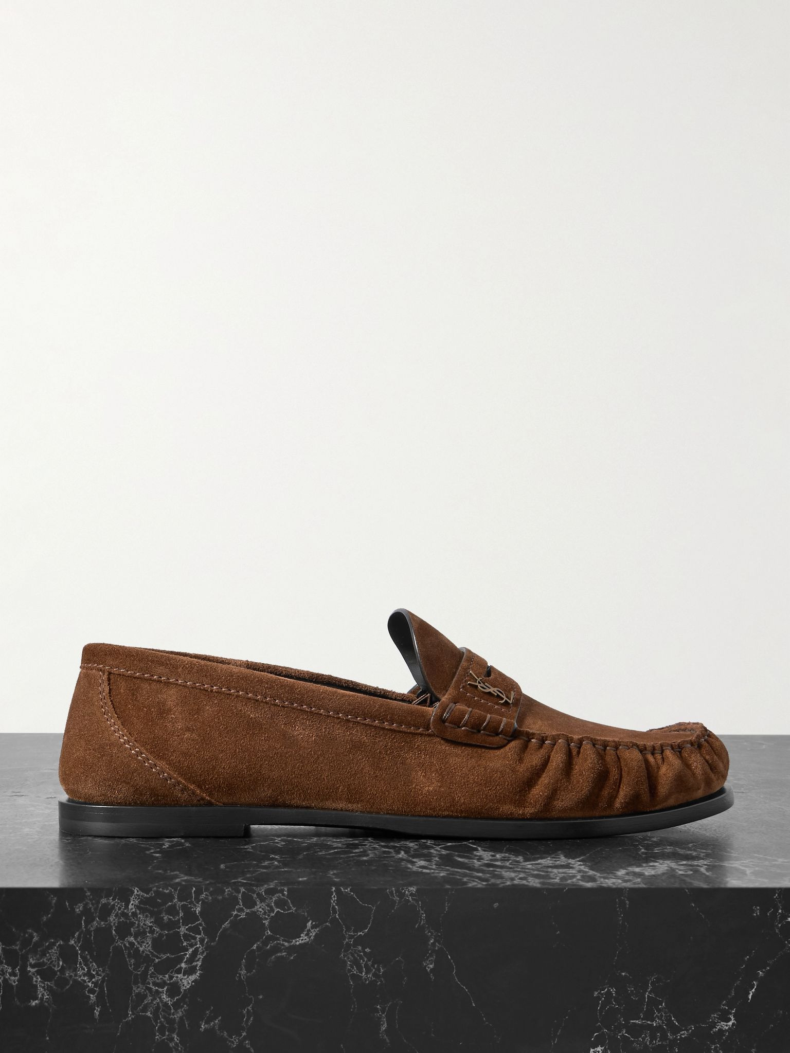 Laurent logo-embellished suede penny loafers Brown - 1