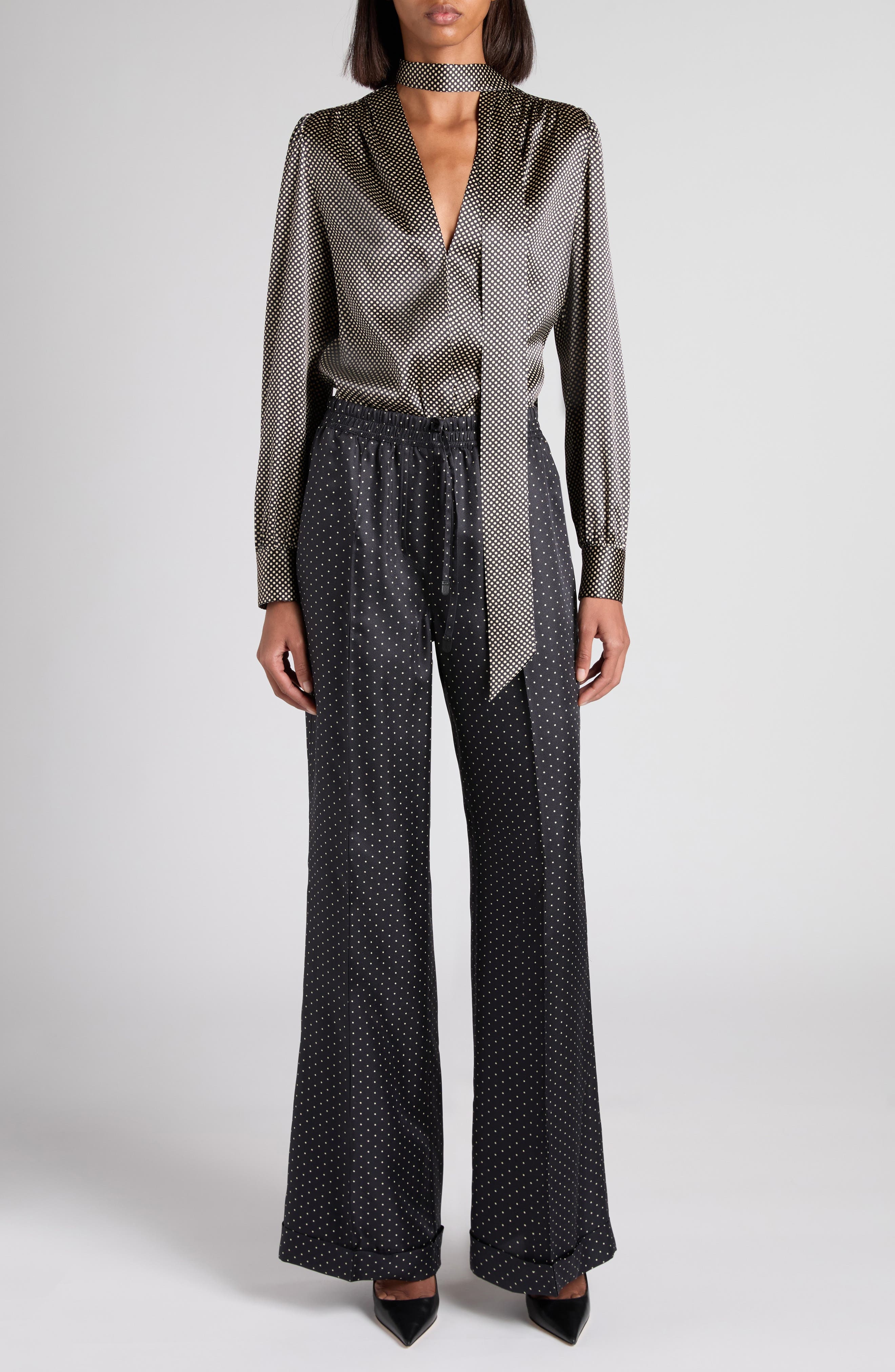 TOM FORD Polka Dot Stretch Silk Lavalliere Button-Up Shirt in Zblaw Black/White at Nordstrom - 2
