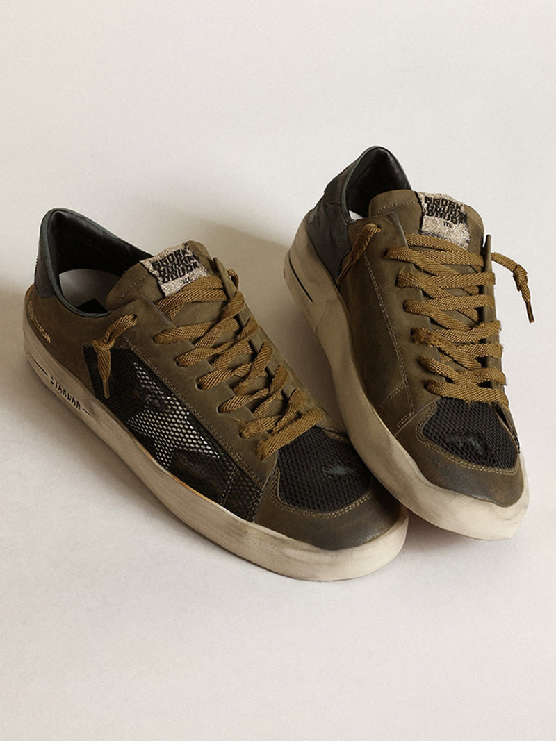 Golden Goose Men's Stardan in military green nubuck and black mesh with white star outlook