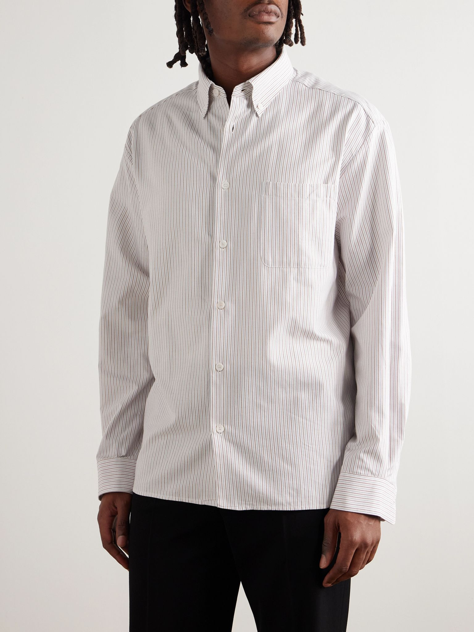 Mateo Button-Down Collar Pinstriped Organic Cotton Shirt Red - 3