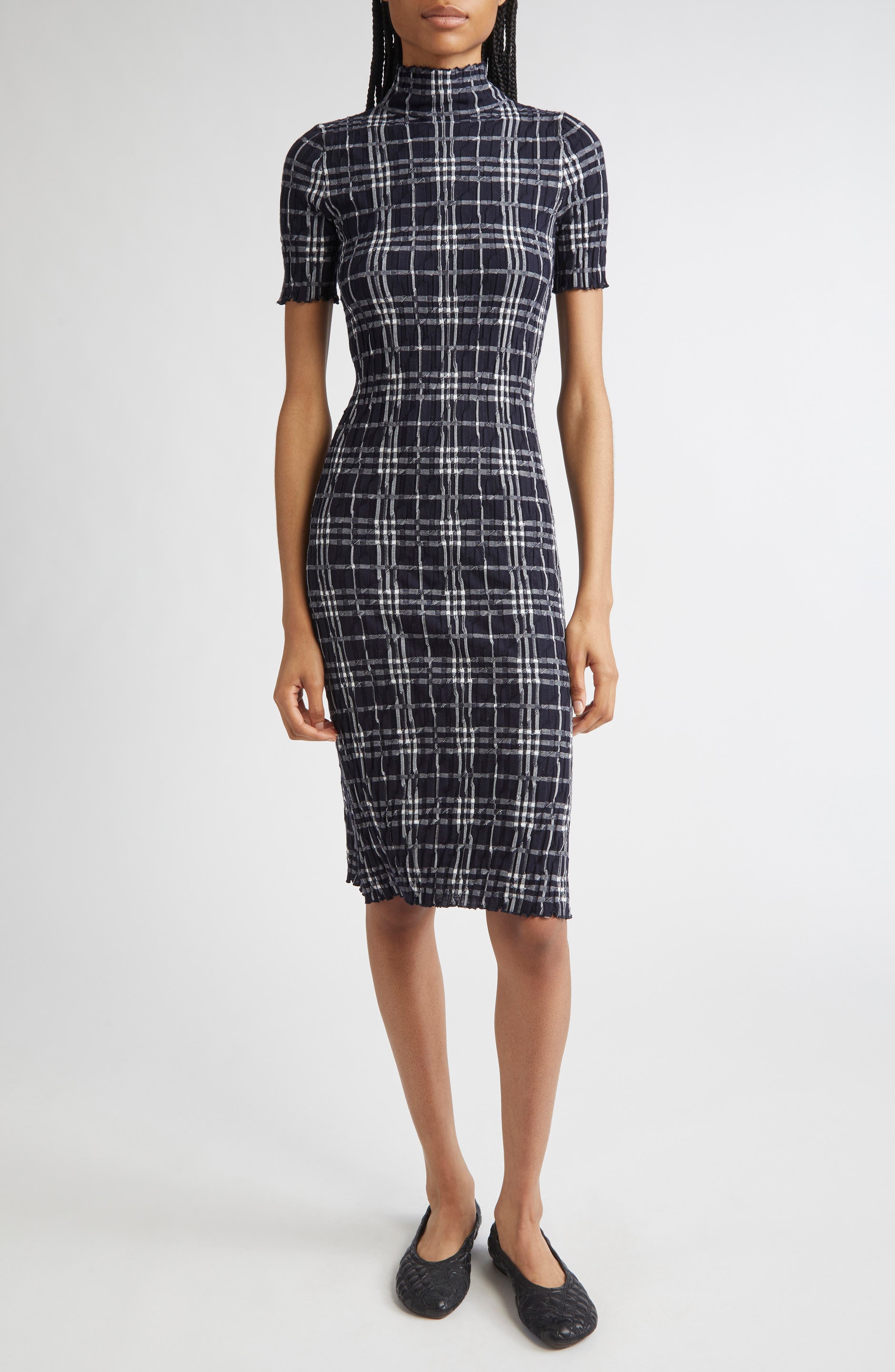 burberry Check Turtleneck Wool Blend Dress in Ink/Chalk at Nordstrom - 1