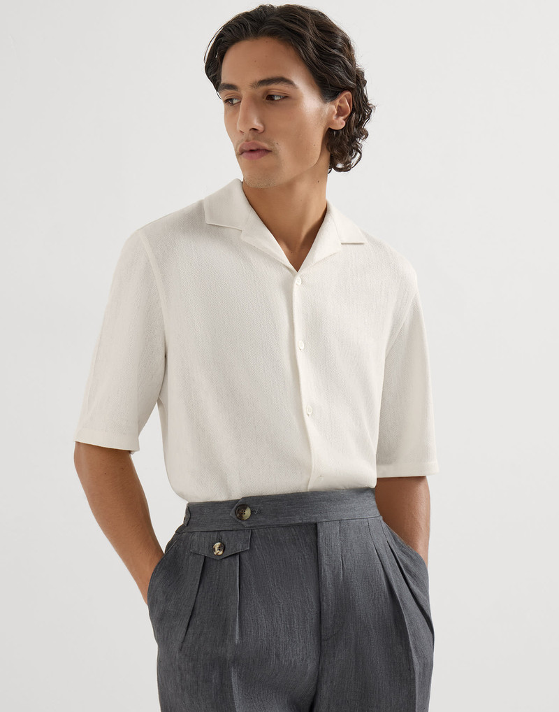 Linen and cotton chevron jersey short sleeve shirt with camp collar 2