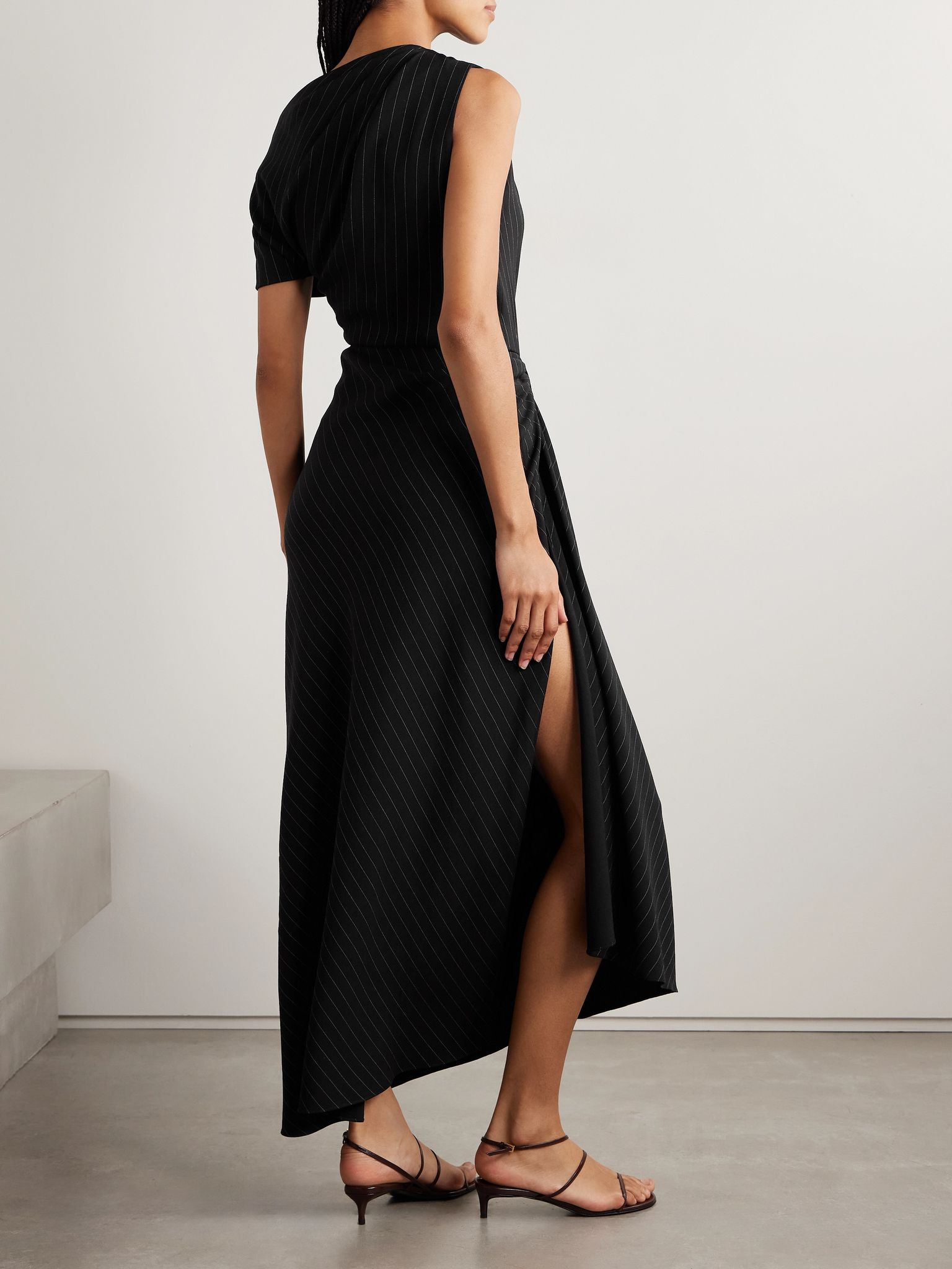 The Lowery one-sleeve asymmetric embellished pinstriped twill dress Black - 3