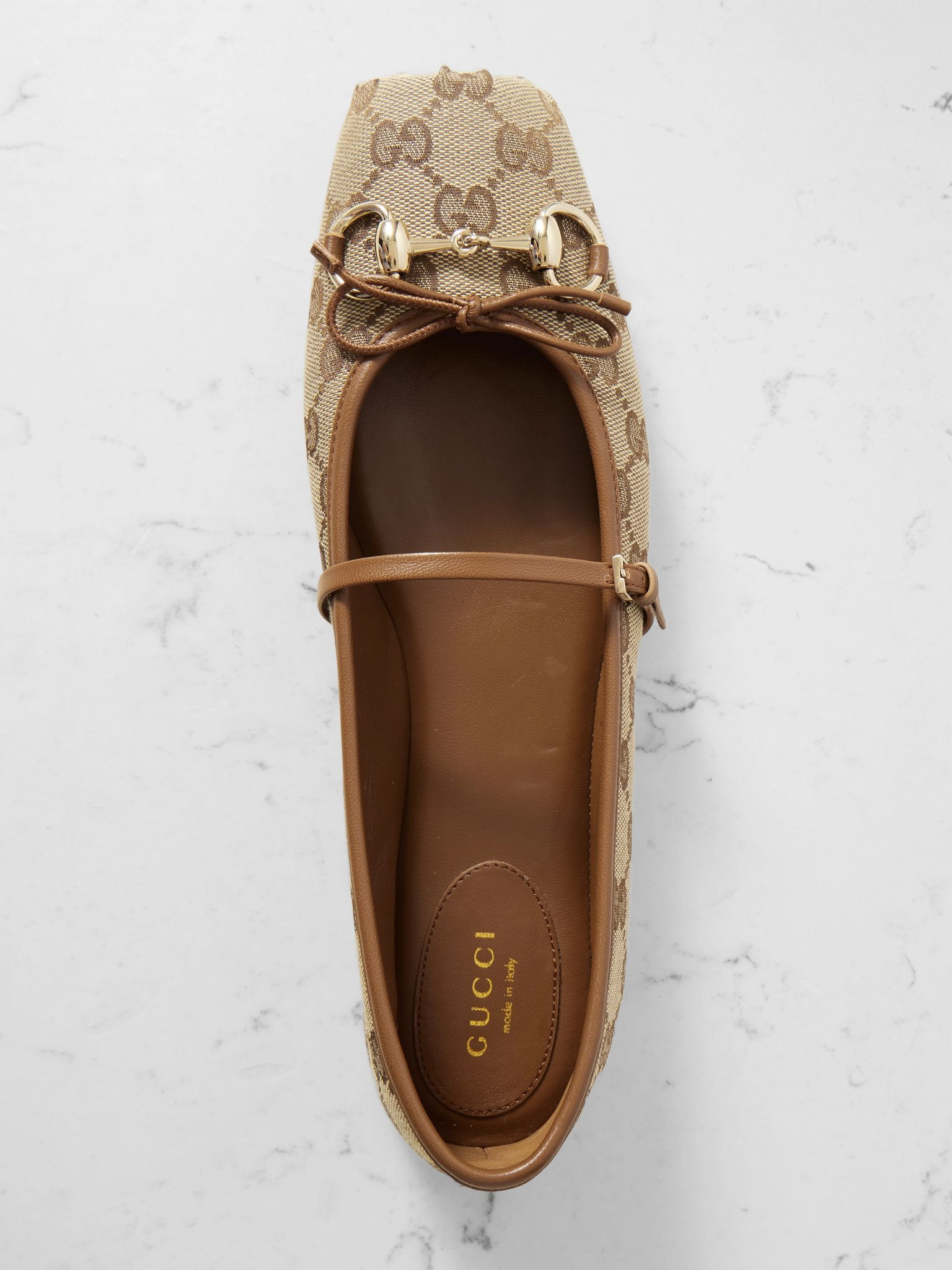 Horsebit-detailed leather-trimmed canvas-jacquard ballet flat Beige - 5