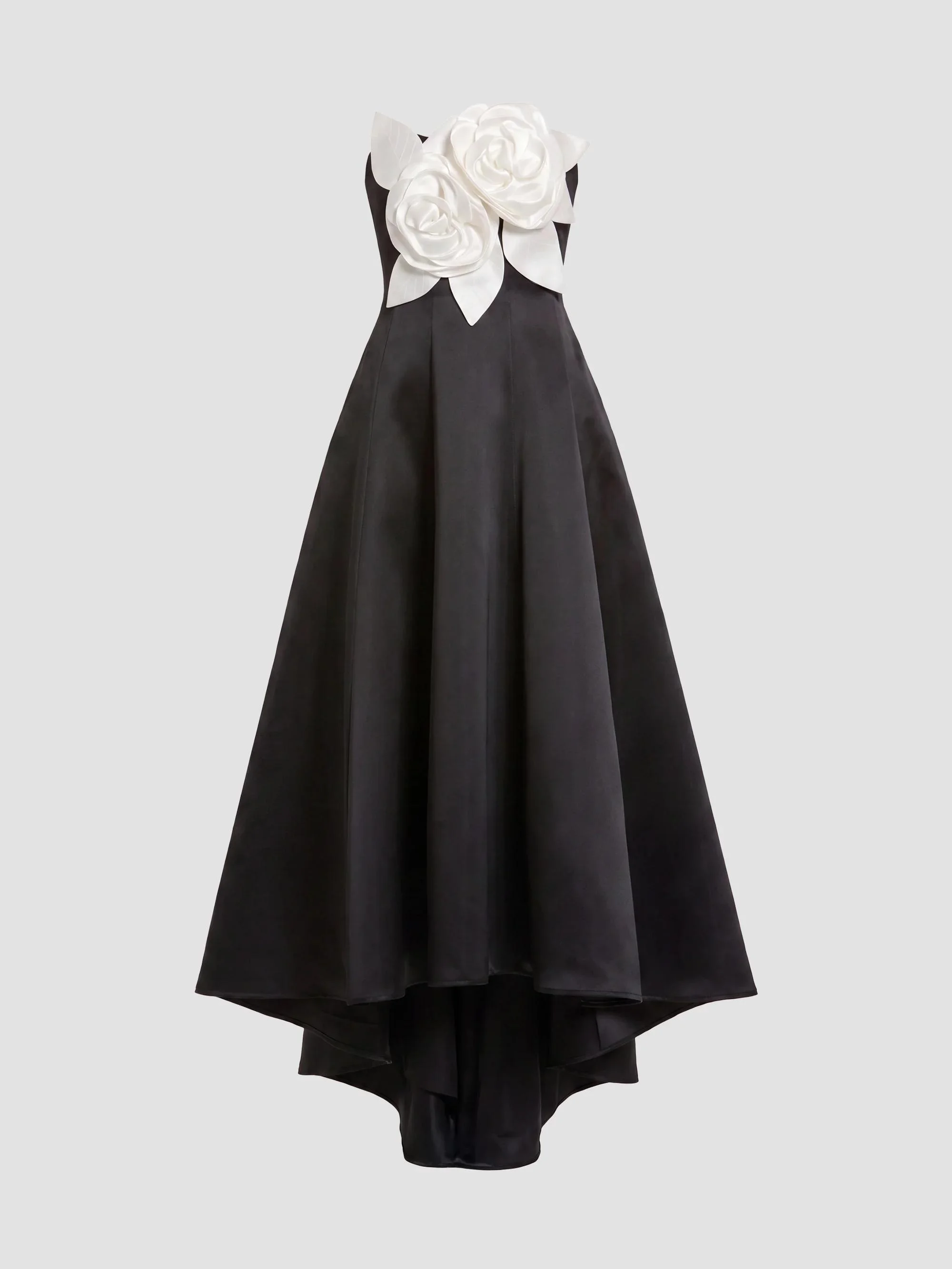 Women's 3D Floral Appliqué Satin A-Line Gown - Black Ivory - 1