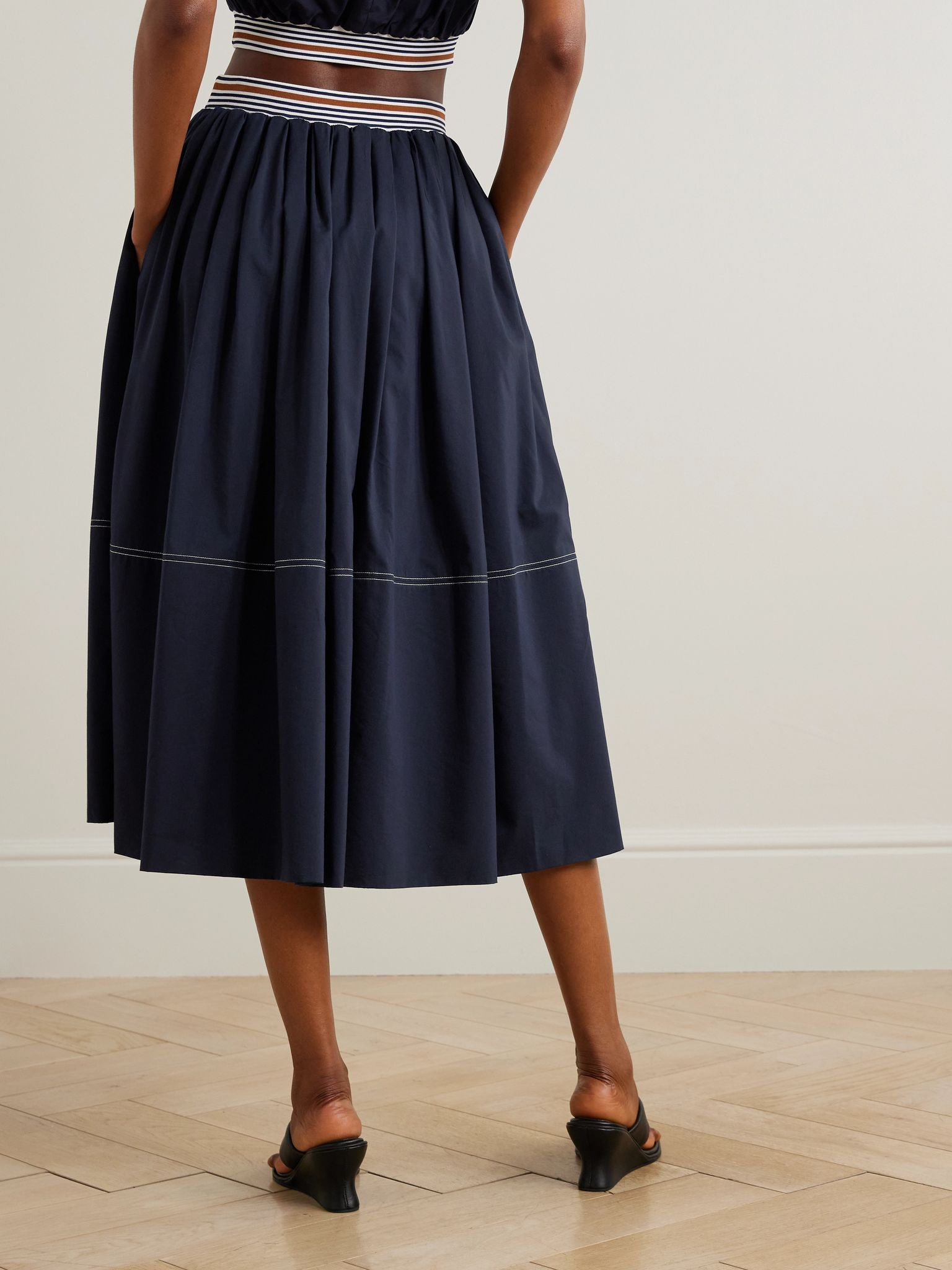 Evelina gathered striped cotton and silk-blend midi skirt Navy - 3