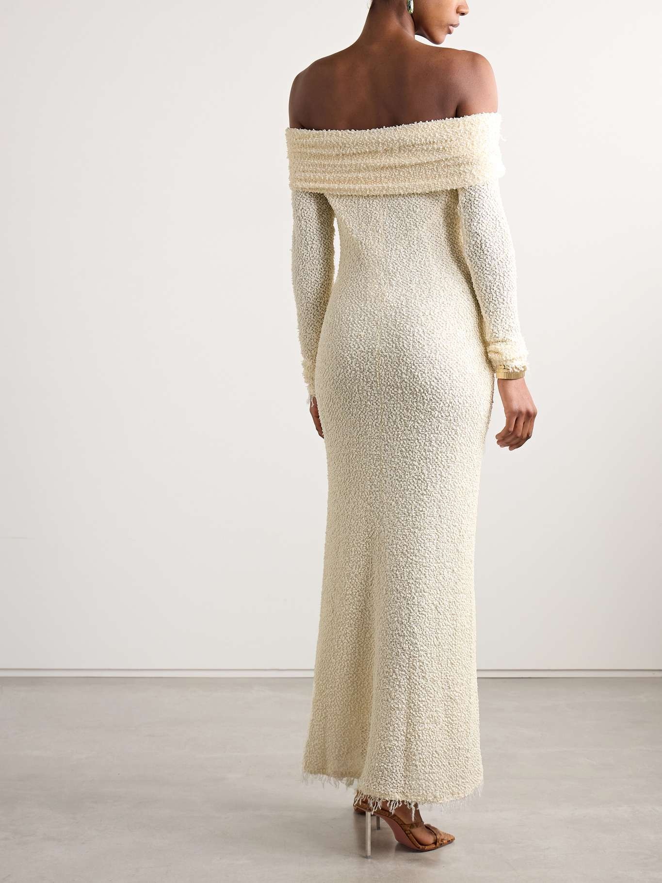 Ormany frayed off-the-shoulder bouclé maxi dress Ecru - 4