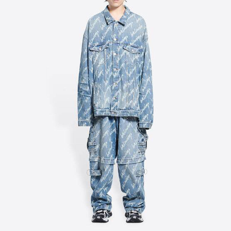 Balenciaga Allover Script Logo Denim Jacket 'Light Blue White' 681690TJW904200 - 3