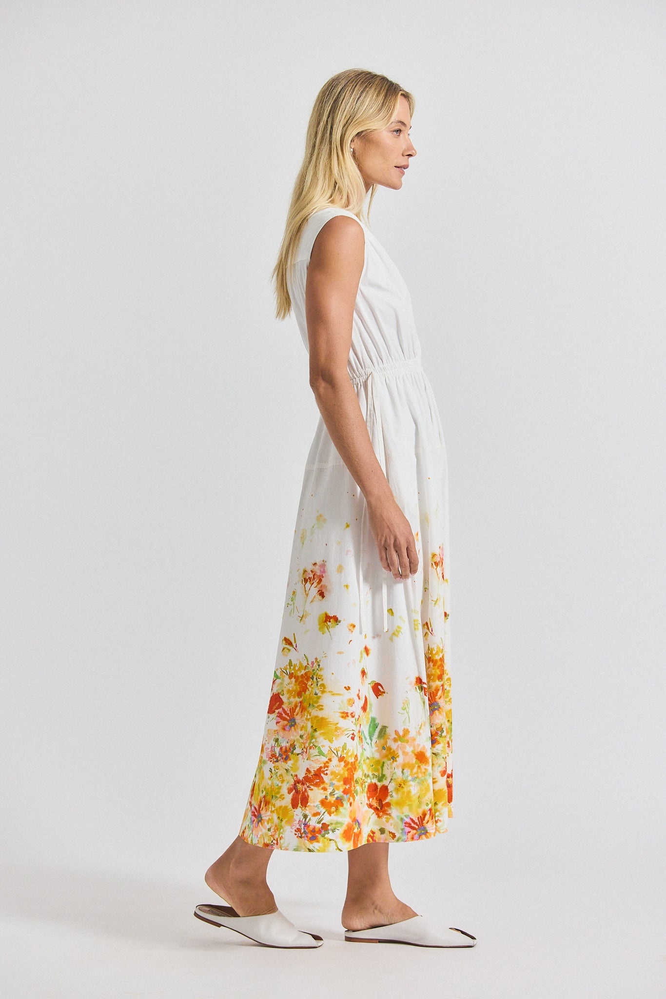 NARA BORDER PRINT COTTON POPLIN CINCH WAIST MAXI DRESS - 3