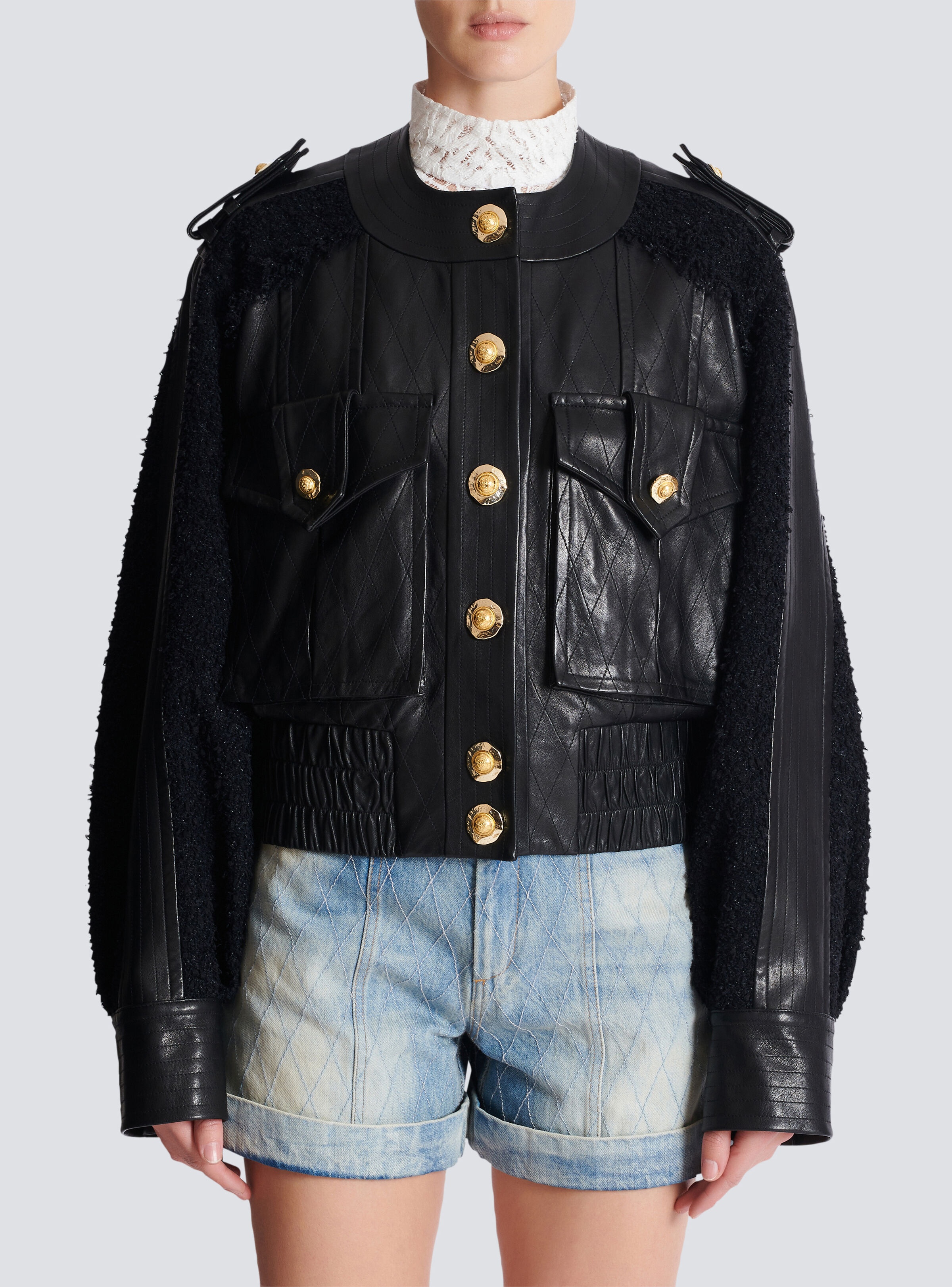 Tweed and leather bomber jacket - 5
