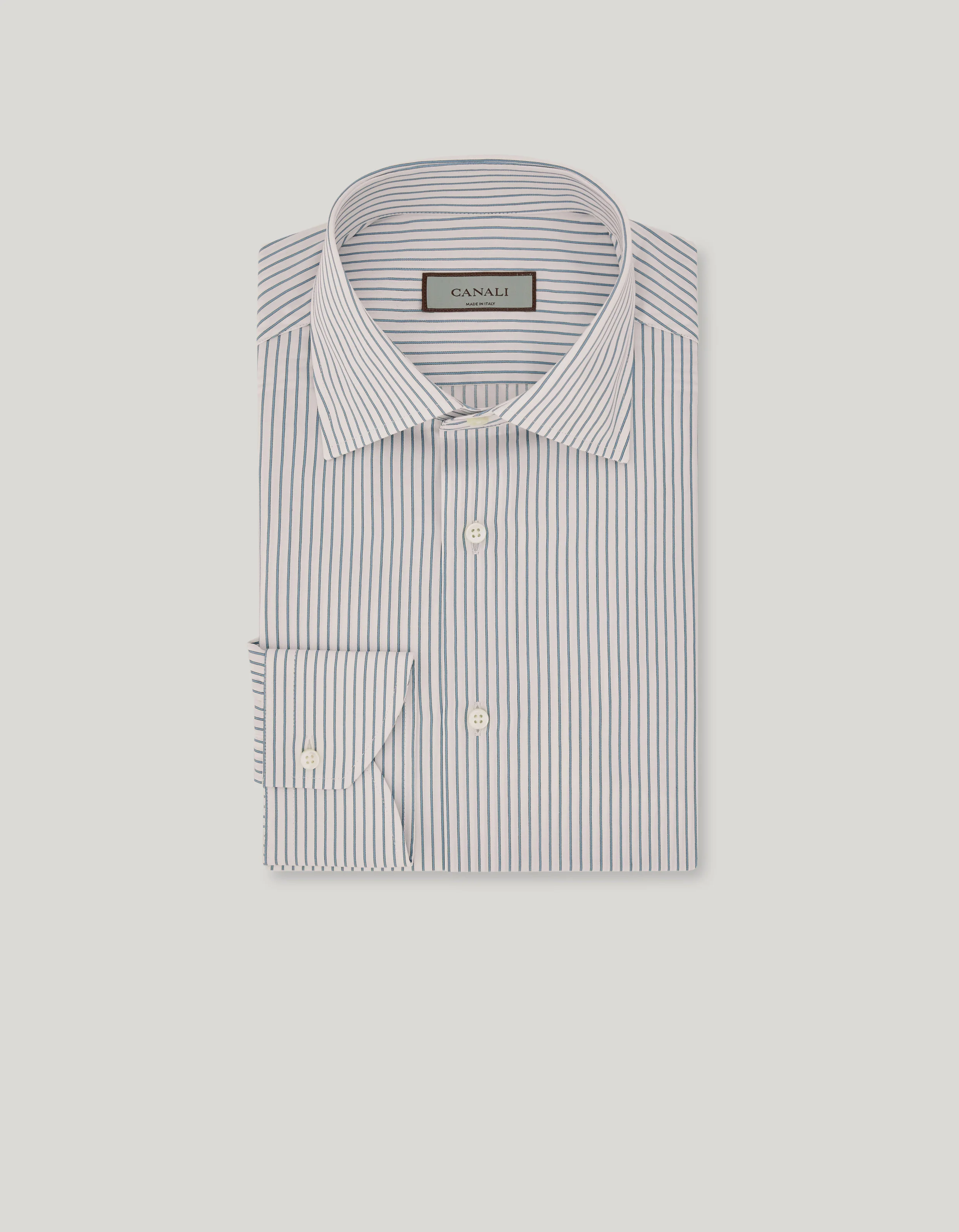 IMPECCABILE WHITE COTTON REGULAR-FIT SHIRT WITH GREEN STRIPES - 1
