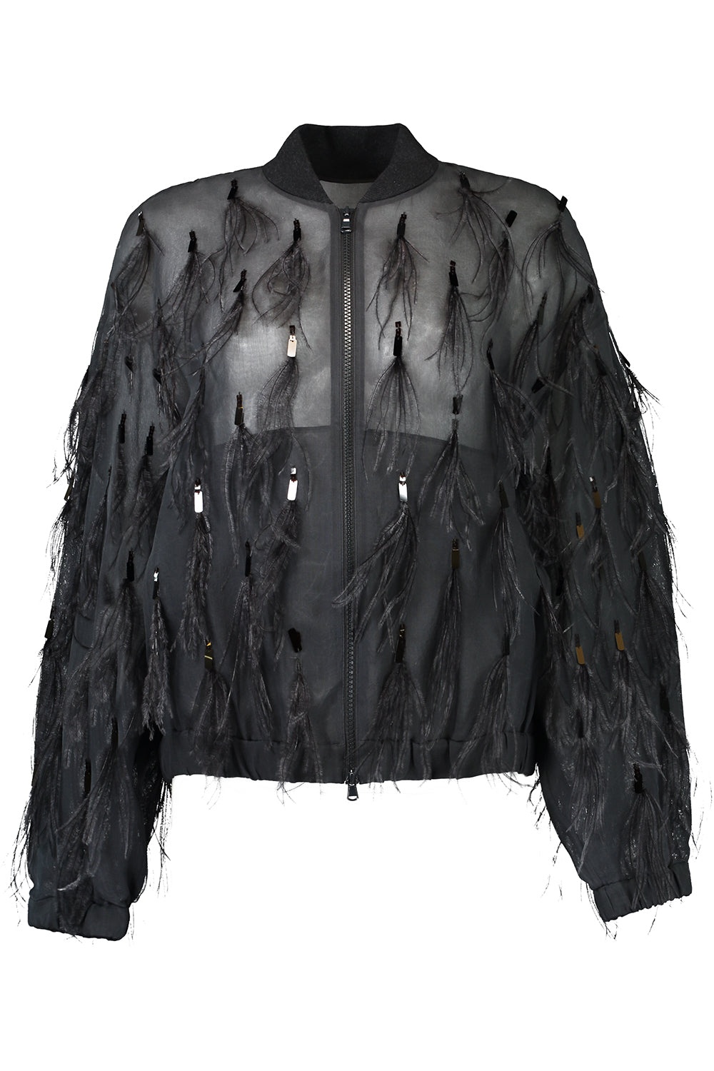 Dazzling Feather Embroidered Bomber Jacket - 1